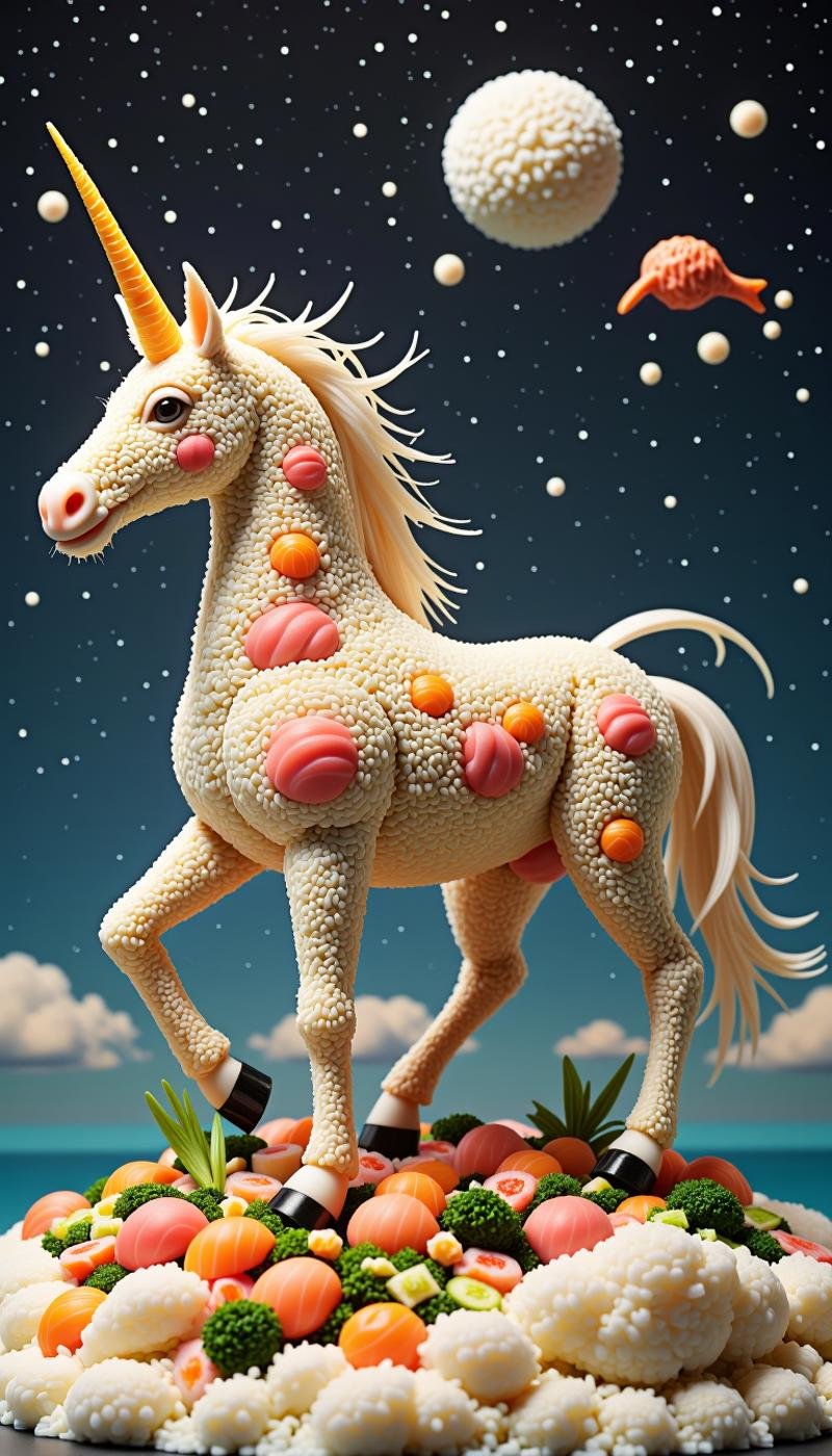 Made out of sushi,  a SushiStyle unicorn,  in interstellar ark by mnemic on Tensor.Art