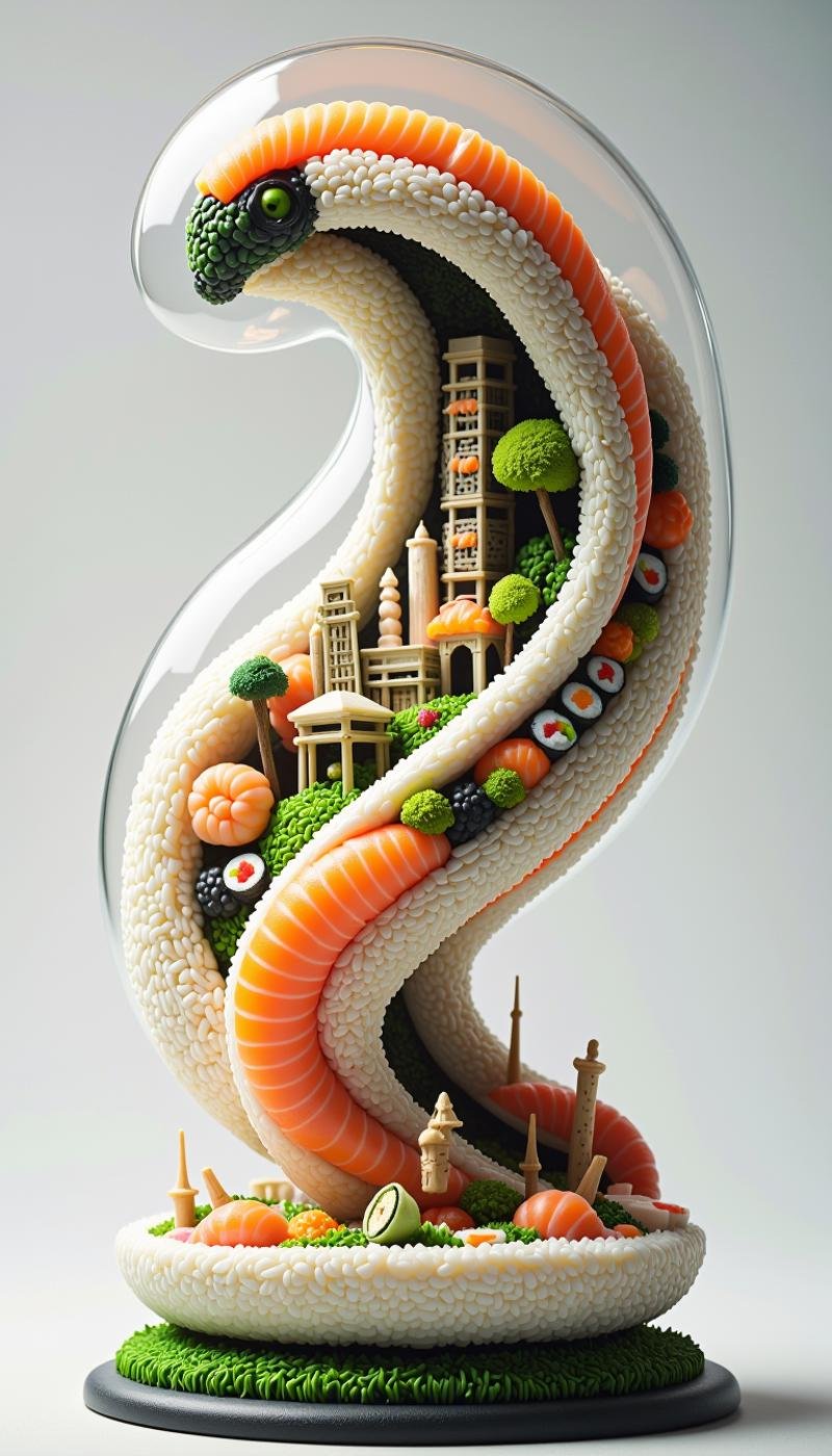 Made out of sushi,  a SushiStyle a chrysalis with a cityscape visible through its translucent shell,  in gravity well by m...