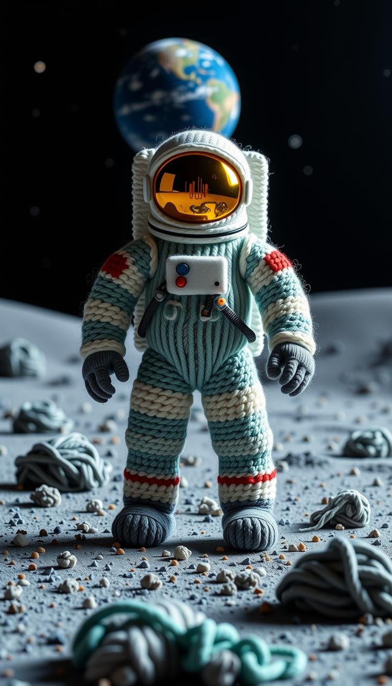 W00lyW0rld A lone astronaut, first human footprints on an alien moon, powdery gray surface, blue and green terrain, spacesuit, golden visor, earth in the background, dramatic side-angle shot, low light, contrasting shadows, digital painting, detailed texture, high-resolution, cinematic, adventurous mood