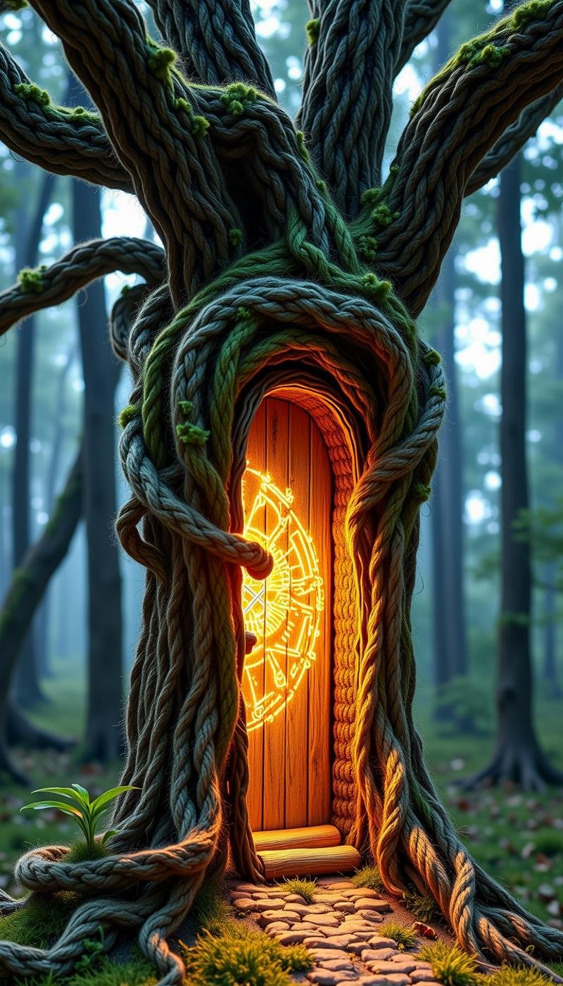 w00lyw0rld fantasy illustration of an ancient tree with a wooden door on its trunk, tree roots and branches twisting and entwining, glowing magical symbols and runes on the door, moss and vines covering the tree, warm golden light spilling from the cracks of the door, forest in the background, twilight, enchanting, watercolor style, detailed, vibrant colors, soft shadows, magical atmosphere, dreamlike, illustrated art, concept art, artstation, wallpaper