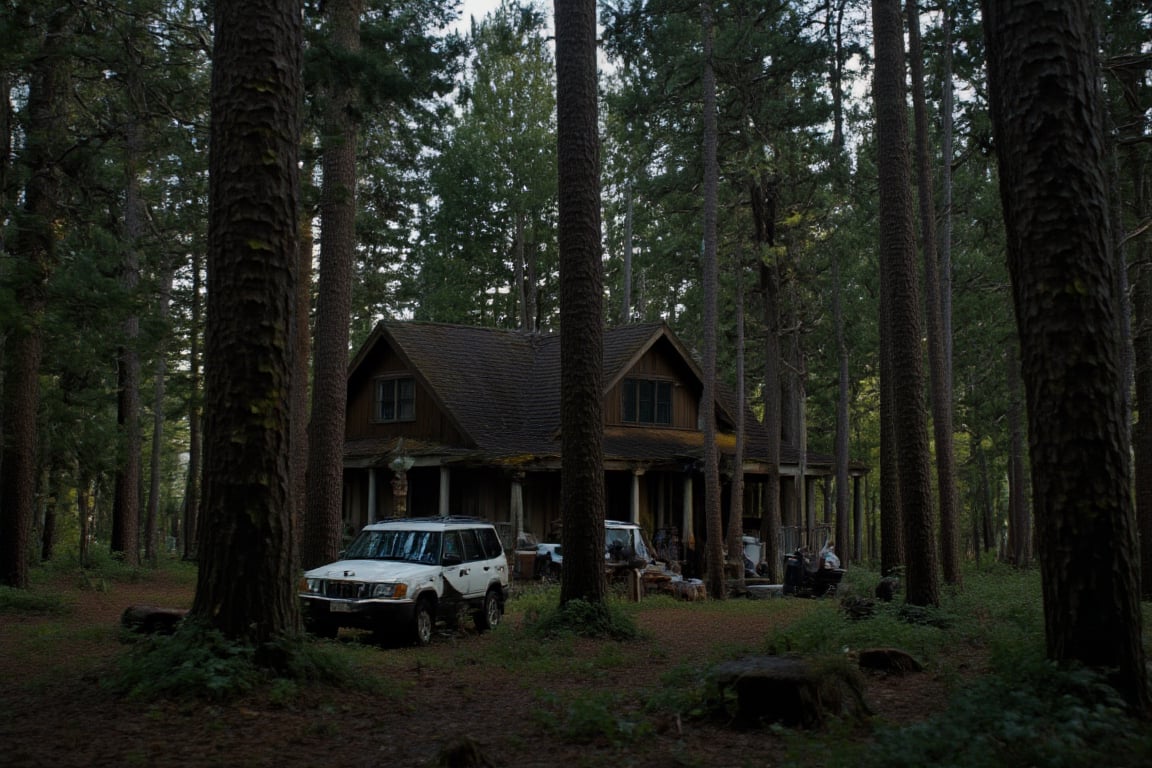 cinematic, A rustic cabin is nestled among tall trees in a peaceful forest. A white SUV is parked nearby, and the late afternoon light filters through the trees, casting a serene and tranquil atmosphere, film grain, Short telephoto focal length, shot on ALEXA 65