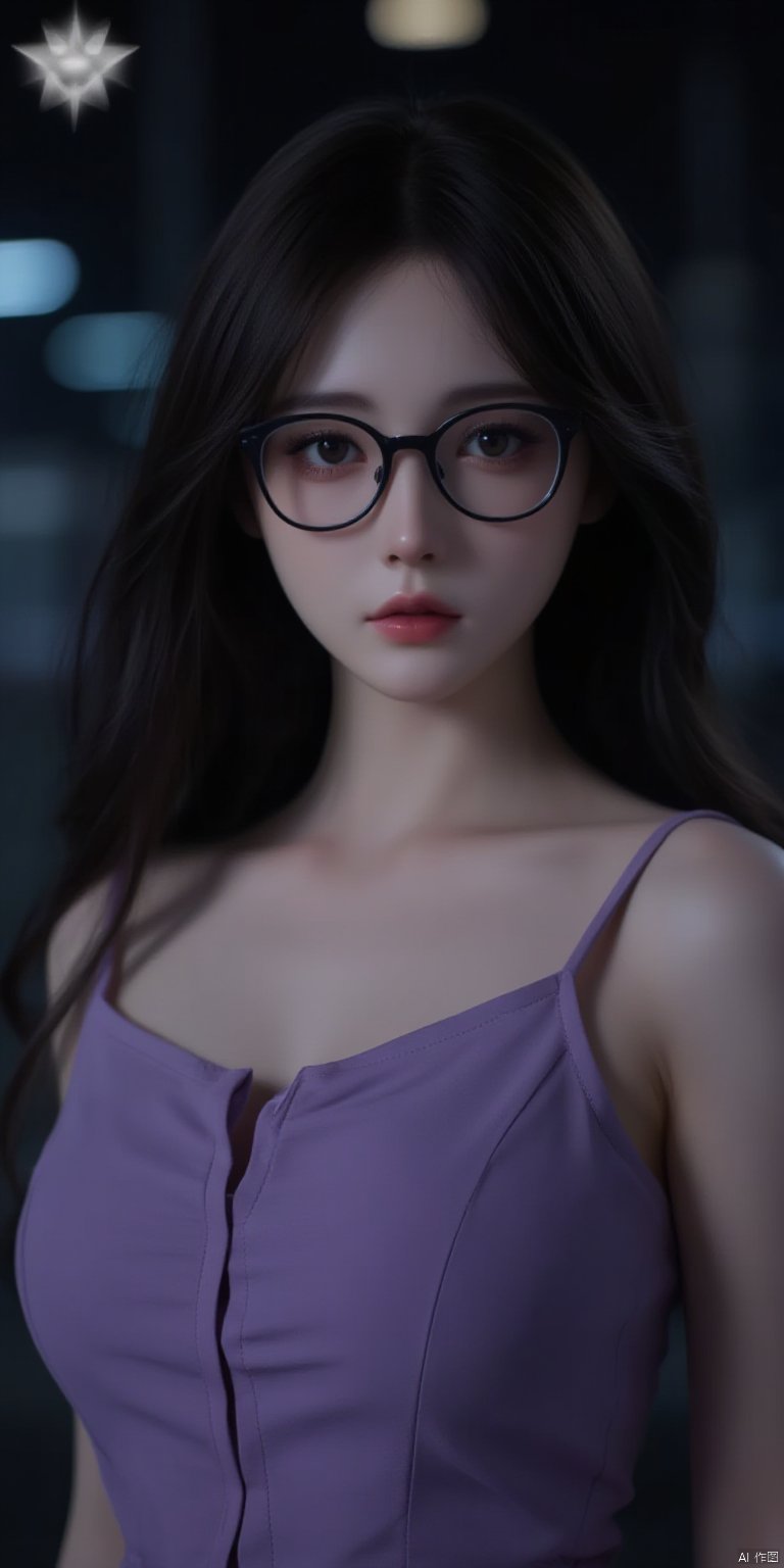 masterpiece,best quality,official art,extremely detailed CG unity 8k wallpaper, dark, night, realistic, photo, real, huge_filesize, wallpaper, solo, girl,hair down, hair over shoulder, looking at viewer, medium breasts, purple sleeveless dress,glasses,front photo,print“star”at the top of photo


















