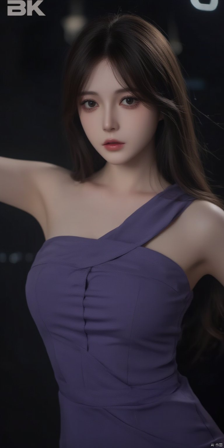 masterpiece,best quality,official art,extremely detailed CG unity 8k wallpaper, dark, night, realistic, photo, real, huge_filesize, wallpaper, solo, girl,hair down, hair over shoulder, looking at viewer, medium breasts, purple sleeveless dress,front photo,print“star”at the top of photo


















