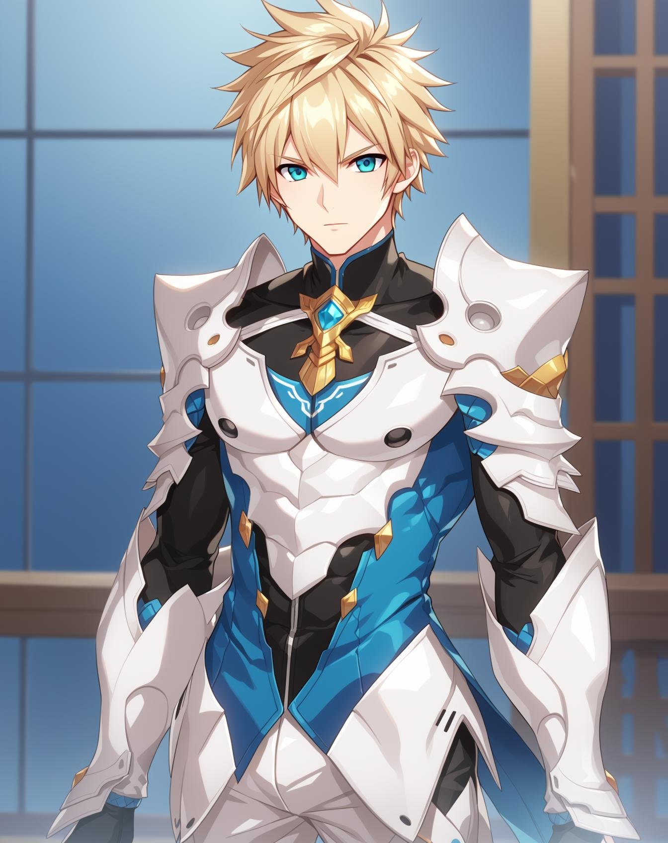 score_9, score_8_up, score_7_up, source_anime, anime screencap, depth of field, safe, BREAK,1boy, solo, yaoi, male focus, mature male, looking at viewer, cowboy shot, facing viewer, standing, straight-on, arms at sides,<lora:chung_elsword:1> chung_elsword, blonde hair, blue eyes, full body armor, short hair, spiked hair, indoors,  <lora:age_slider_v4:2.5>