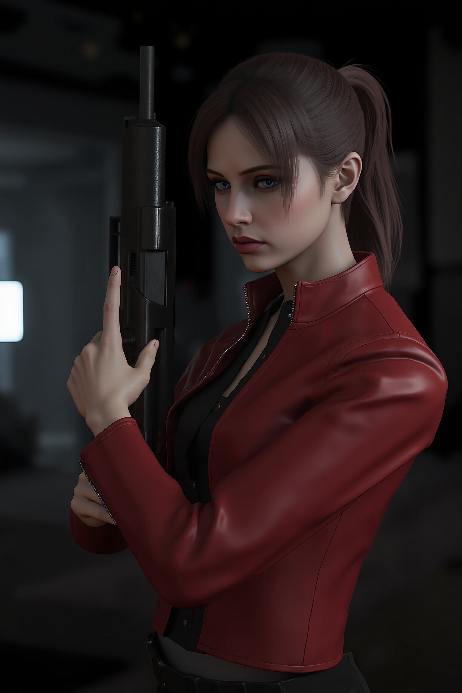 a close-up shot of the woman named Claire Redfield. dressed in a red leather jacket holding a black gun in her right hand....