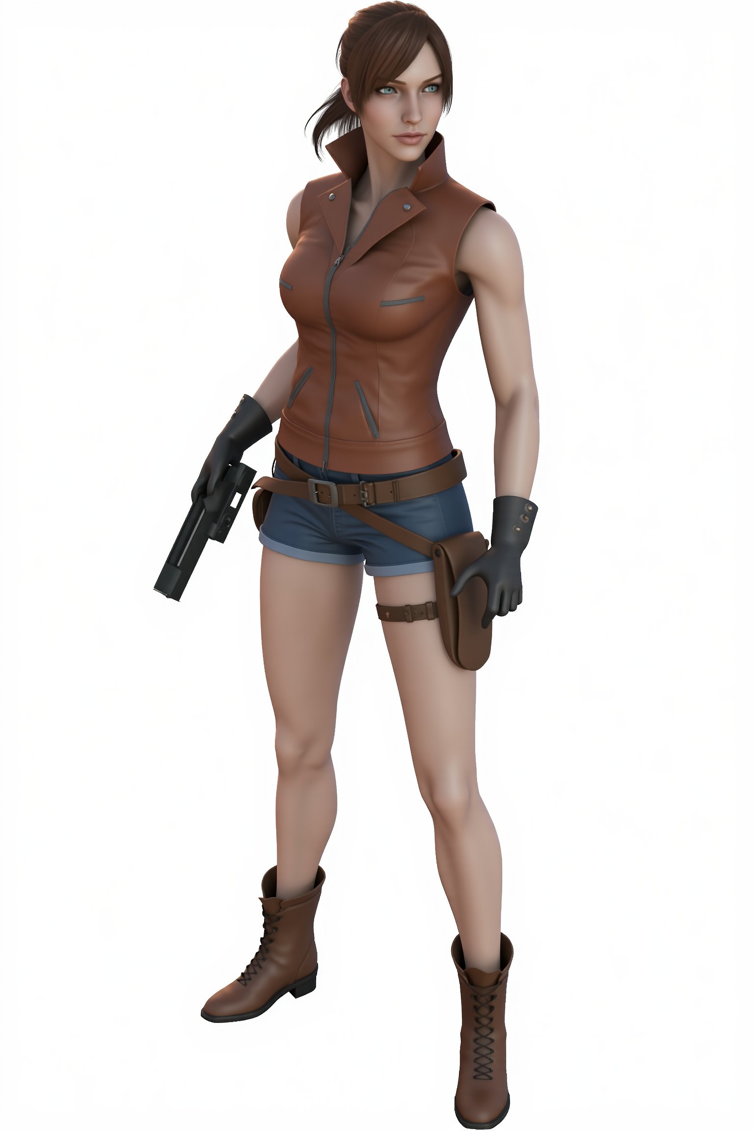 a 3D rendering of a female warrior named Claire Redfield is depicted in a stark white backdrop. She is dressed in a brown...