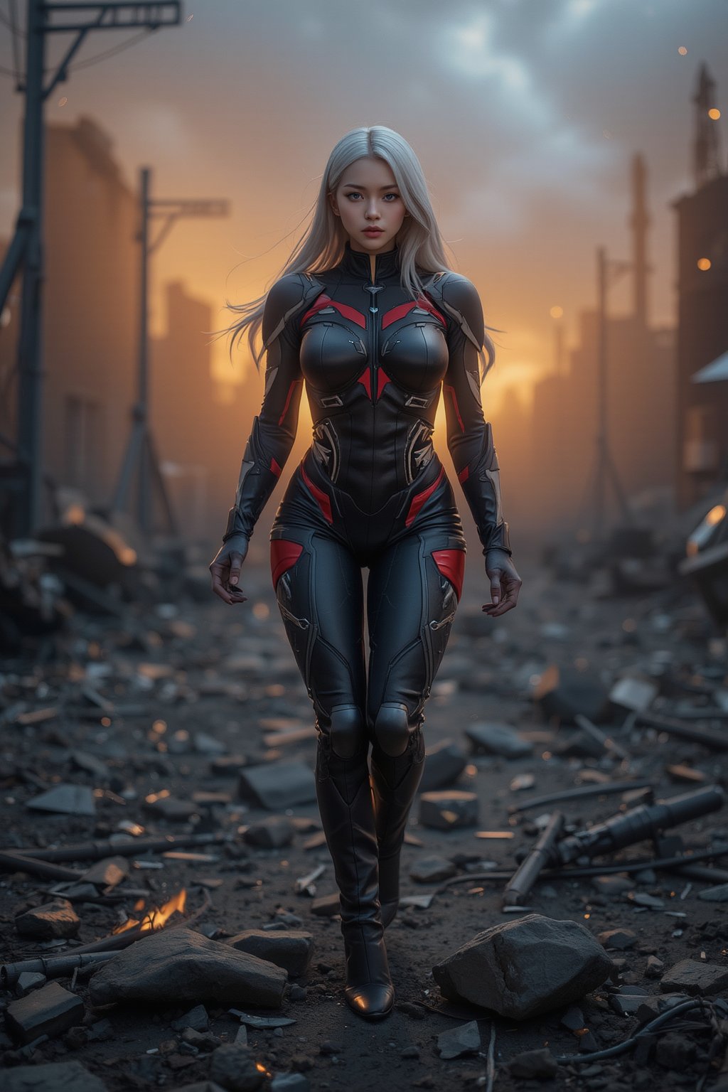 Captured in mid-stride, a lone figure emerges from the smoldering ruins: a slender young female cyborg with piercing blue eyes and striking white hair, clad in a futuristic black and red battle suit. The desolate alien battlefield stretches behind her, littered with twisted metal and shattered debris. Her gaze is fixed ahead, eyes blazing with determination as she surveys the devastation.,ghostrider,misty, holographic, ,light painting, futuristic digital, realistic sci-fi, lights, gold filigree, silver lashes, diamond, ethereal, misty, holographic