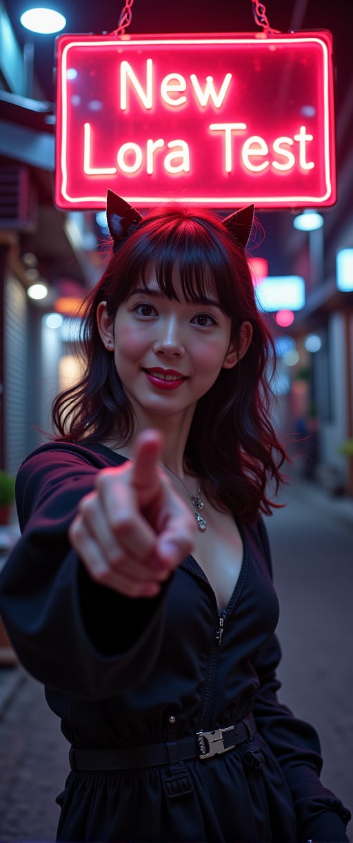 A very beautiful woman is pointing at the viewer and smiling, pointing at a large neon sign that says "New Lora Test". The background is dark gothic  with  dark tones in a Japanese style. Detailed texture, high quality, high resolution, high precision, realism, color correction, good lighting settings, harmonious composition, Behance work, watercolor, text, the text is "",ct-kjbp