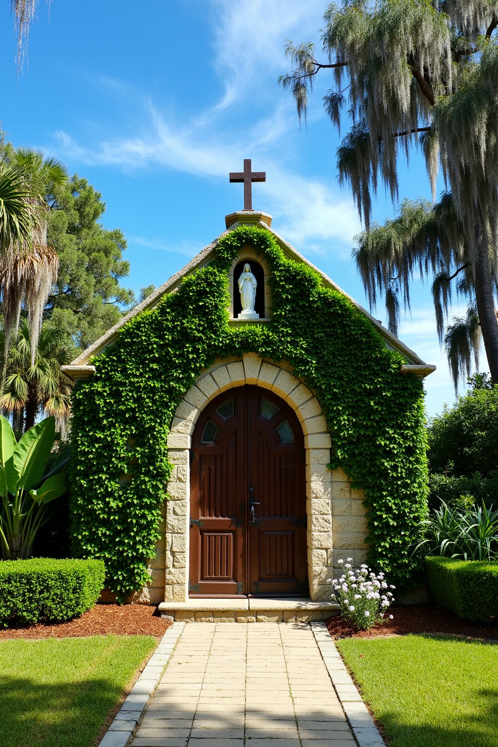 This is a picturesque,  sunlit photograph of a charming,  ivy-covered chapel or small church nestled in a lush by el_flupp...