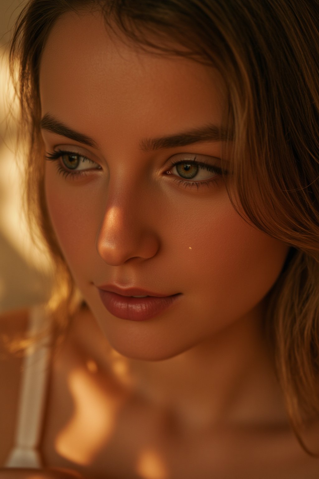 Close-up portrait of a woman's face, captured on her smartphone in a warm and inviting setting. Soft, natural lighting illuminates her features, with a shallow depth of field blurring the background. Her eyes are cast downward, a subtle smile playing on her lips as she gazes at something off-camera. The composition is intimate, with the subject's skin tones and hair texture rendered in exquisite detail.