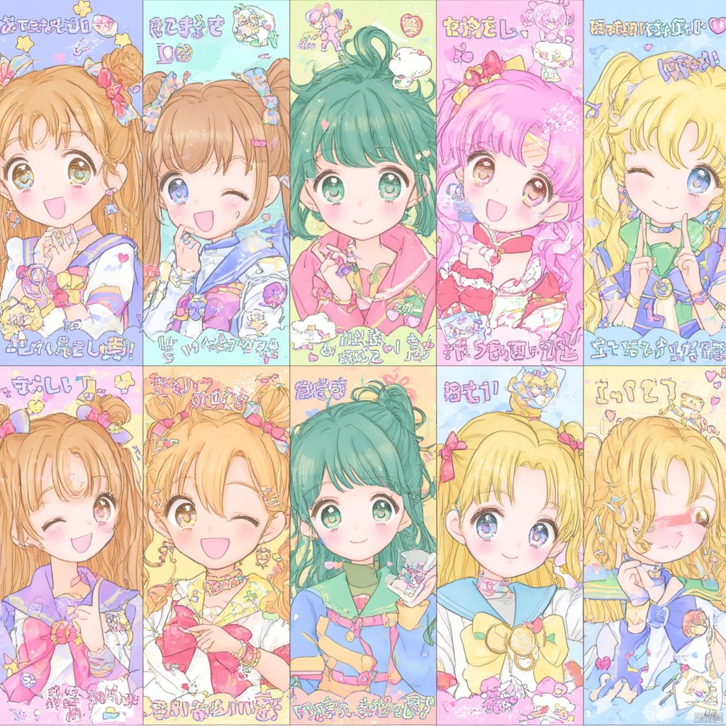 Anime-inspired illustration nine panels nine characters in a row each with a different hairstyle and outfit three of them have long blonde hair one with pink hair and a blue outfit one has green hair another with pink and blue hair and one with green hair and pink outfit all of them smiling and giving a playful expression., multiple girls, twintails, school uniform, brown hair, 6+girls, blonde hair, smile, multiple drawing challenge, one eye closed, ahoge, heart, green eyes, hair bun, open mouth, multiple boys, bow, blue eyes, long hair, serafuku, food, double bun, green hair, short hair, pink hair, brown eyes, sailor collar, tsukino usagi, blue sailor collar, crossover, jewelry, hair bow, blush, v