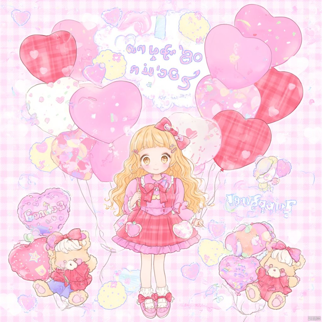 Anime illustration girl in a pink dress with heart-shaped balloons and teddy bears long blonde hair with pink bows standing on a checkered background holding a heart-patterned balloon text above her head pink and white balloons soft pastel colors cheerful and whimsical atmosphere., balloon, 1girl, heart balloon, dress, bow, long hair, red dress, heart, plaid dress, smile, plaid, hair bow, stuffed toy, stuffed animal, red footwear, red bow, hair ornament, solo, socks, hairclip, frills, blush, shoes, full body, white socks, teddy bear, looking at viewer, yellow eyes, wavy hair, holding balloon, blunt bangs, standing, frilled dress, holding, blonde hair