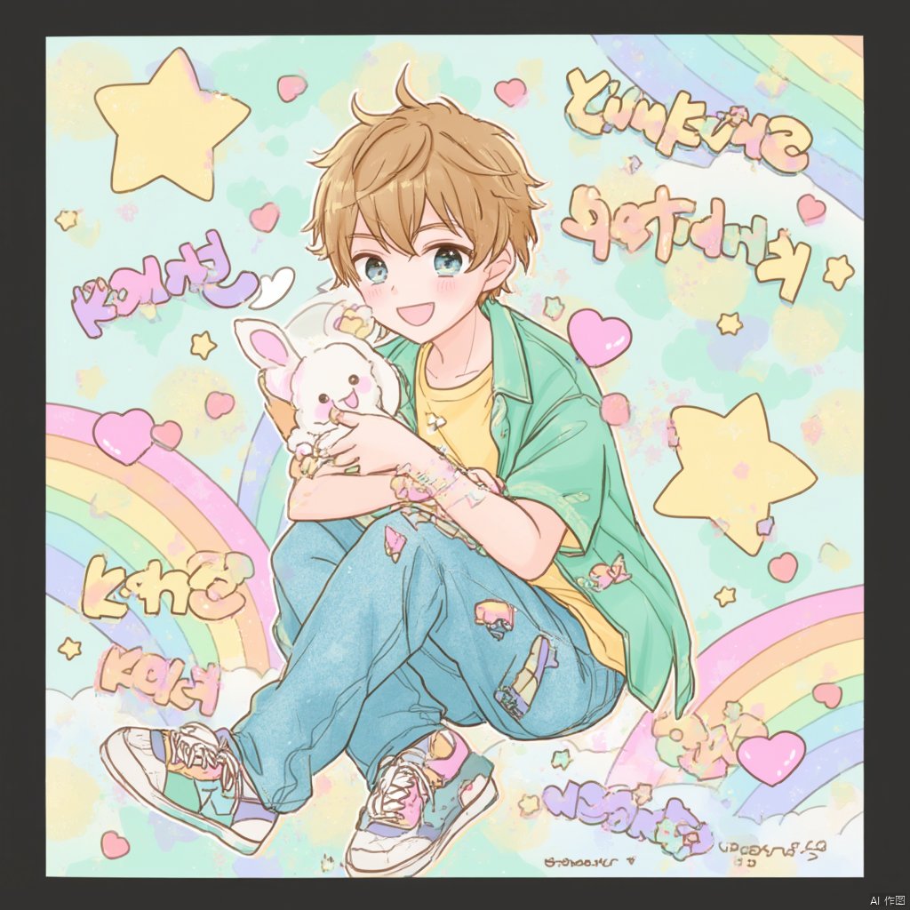 Anime-inspired illustration young man with blonde hair and blue eyes wearing a green kimono and blue pajamas holding a white rabbit surrounded by pastel-colored background with rainbow and hearts text above him playful and whimsical mood casual pose playful expression vibrant colors playful elements., rainbow, 1boy, male focus, solo, shirt, blue eyes, heart, open mouth, pants, smile, yellow shirt, short hair, looking at viewer, blush, stuffed toy, shoes, star \(symbol\), brown hair, holding, denim, sneakers, multicolored background, short sleeves