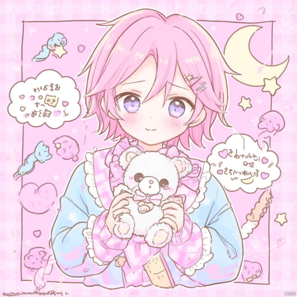 Anime-inspired illustration anime character with pink hair and blue eyes wearing a pink and blue outfit with a bow holding a white teddy bear surrounded by clouds and stars with a crescent moon in the background pink checkered background soft pastel colors whimsical and cheerful mood hand-written text in Japanese., 1boy, pink hair, male focus, solo, stuffed toy, stuffed animal, heart, star \(symbol\), pastel colors, short hair, purple eyes, hair ornament, long sleeves, teddy bear, hairclip, looking at viewer, holding, pink background, shirt, blush, upper body, border, holding stuffed toy, frills