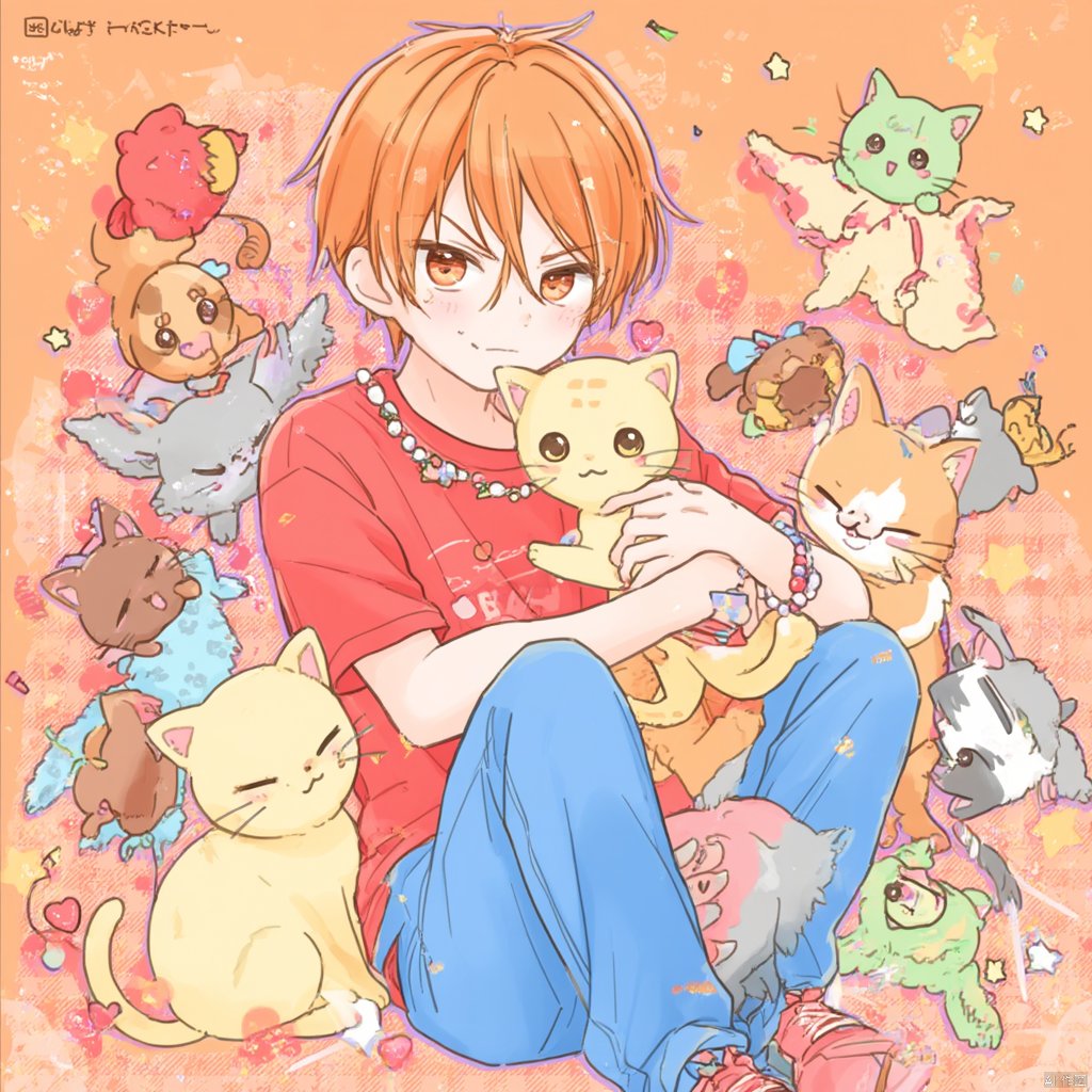 Anime illustration young man with orange hair and bangs wearing a white and blue pajamas red t-shirt sitting on a checkered-patterned background holding a yellow cat surrounded by other cats and hearts smiling and looking at the camera soft and cheerful mood vibrant colors detailed and detailed., 1boy, cat, male focus, orange hair, shirt, heart, red shirt, star \(symbol\), blue pants, pants, bracelet, short hair, orange eyes, looking at viewer, orange background, sitting, solo, anger vein, bead bracelet, jewelry, short sleeves