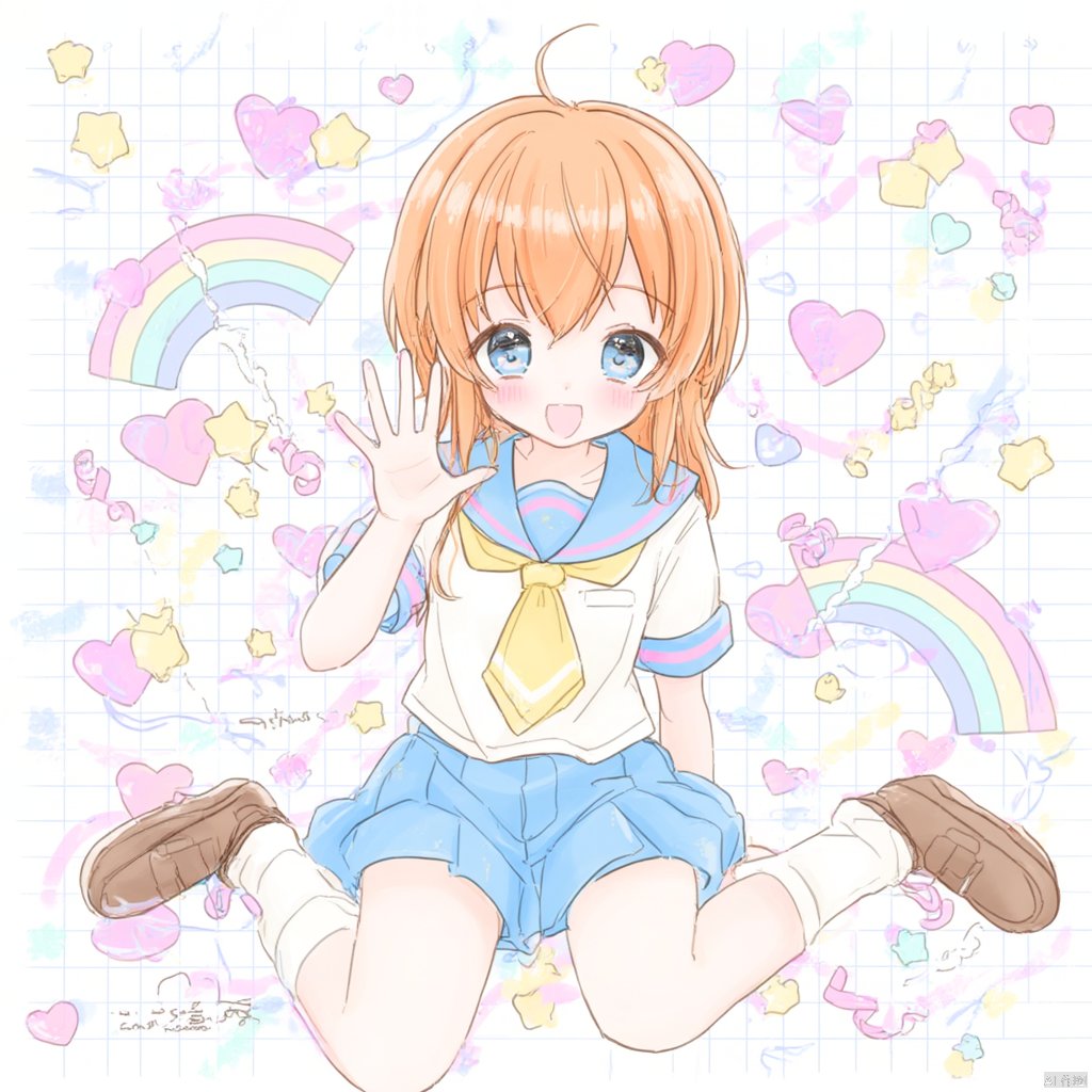 Anime drawing cartoon-like girl in a school uniform sitting on a graph paper background surrounded by heart-shaped hearts and rainbow holding a hand up to her mouth wearing a yellow scarf and blue shorts long brown hair blue eyes smiling expression hand gesture playful and cheerful mood soft pastel colors detailed drawing medium shot slight smile., 1girl, solo, ryuuguu rena, blue eyes, skirt, heart, white socks, smile, rainbow, sailor collar, school uniform, socks, blue skirt, pleated skirt, short sleeves, white shirt, shirt, yellow neckerchief, orange hair, blush, blue sailor collar, shoes, open mouth, serafuku, looking at viewer, full body, sitting, brown footwear, loafers, :d, hand up, white background, neckerchief, star \(symbol\), waving, short hair, hair between eyes