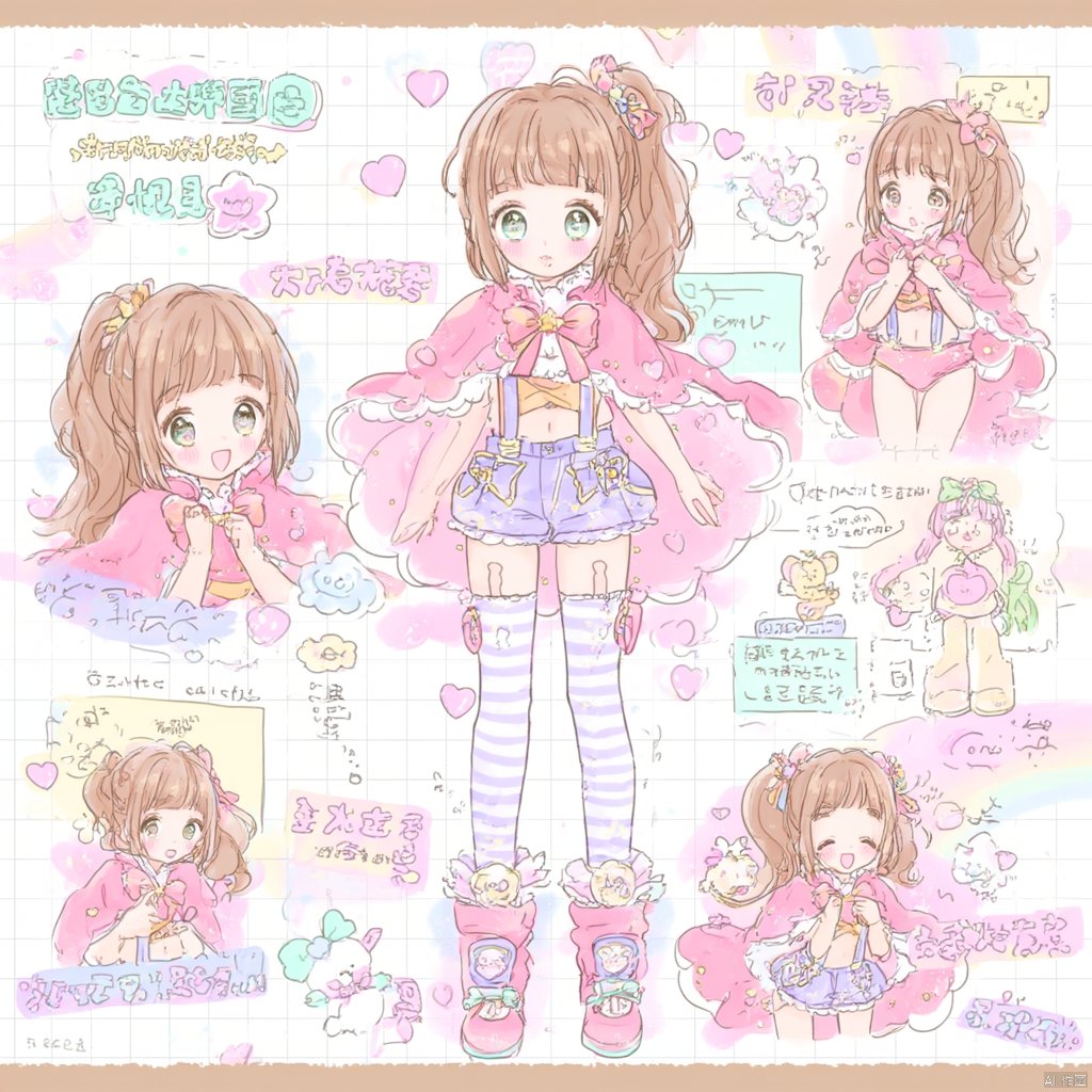 Anime drawing a girl in a pink and purple cape and dress holding a lollipop standing on a checkered background with her hairTraditional Chinese characters in the background one of the characters is holding a pink flower one in a bow on her head one on the left side of the drawing one with a pink bow in her hair one looking at the camera one holding a fluffy pink flower., 1girl, side ponytail, thighhighs, heart, suspenders, green eyes, multiple views, boots, shorts, open mouth, blush, cape, pink footwear, smile, striped clothes, navel, drill hair, looking at viewer, flying sweatdrops, striped thighhighs, midriff, suspender shorts, holding, blunt bangs, standing, closed eyes, wand, reference sheet, character name, vertical-striped clothes, brown hair, full body, long hair, :o