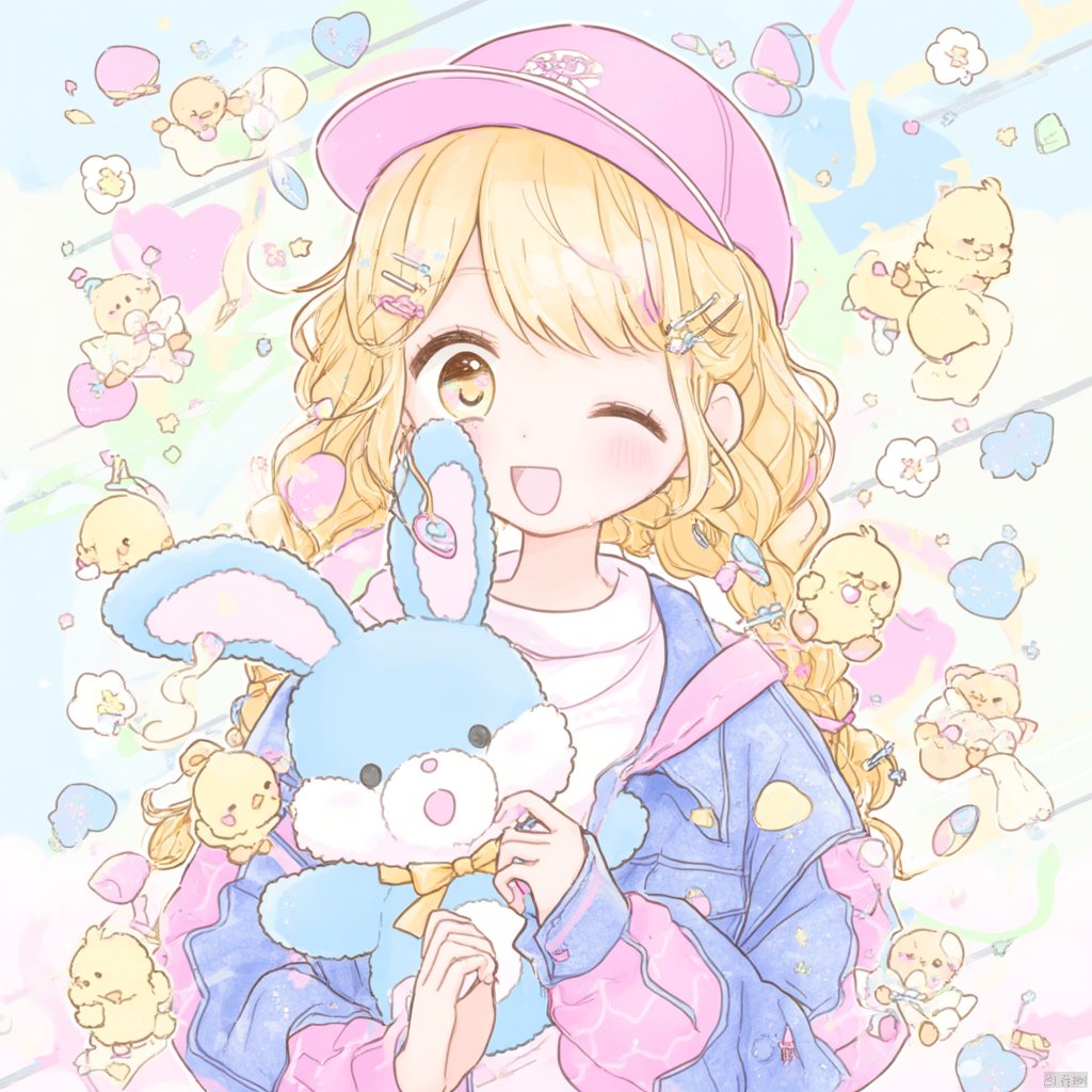 Anime-inspired illustration a young girl with bunny ears and a pink and blue bunny outfit holding a blue bunny rabbit surrounded by scattered pastel-colored background with hearts and flowers holding yellow chicks smiling and giving a playful expression long blonde hair with pigtails soft and cheerful mood vibrant colors playful and whimsical., 1girl, hat, hair ornament, one eye closed, hairclip, twin braids, open mouth, smile, blonde hair, solo, heart, braid, yellow eyes, baseball cap, jacket, long sleeves, blush, striped clothes, upper body, stuffed toy, holding, looking at viewer, twintails, long hair, blue headwear, stuffed animal, shirt, ;d, star \(symbol\)