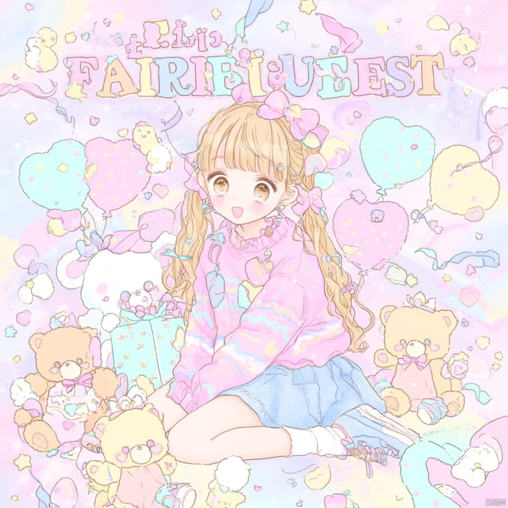 Anime-inspired illustration a young girl with long blonde hair and bow in pigtails wearing a pink sweater and blue shorts sitting on the floor surrounded by colorful teddy bears and balloons with the text "Fancy Fairbibigest!" above her head soft pastel colors playful and whimsical mood playful playful elements playful expression playful background with hearts and balloons., 1girl, skirt, solo, stuffed toy, stuffed animal, hair ornament, sitting, open mouth, smile, bow, shoes, long hair, hair bow, jewelry, long sleeves, confetti, blush, sneakers, looking at viewer, earrings, balloon, star \(symbol\), gift, socks, hairclip, blue skirt, sweater, box, white socks, wariza, teddy bear, yellow eyes, gift box