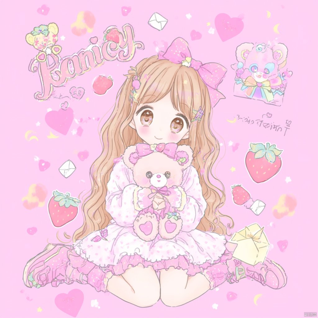 Anime-style illustration a young girl in a pink and white dress with a bow on her head holding a teddy bear surrounded by heart-shaped decorations strawberries and text that reads "Fancy" above her head. She has long blonde hair and a pink bow and she has a smiley face and the background is pink., 1girl, teddy bear, solo, stuffed toy, stuffed animal, strawberry, letter, shoes, fruit, long hair, bow, envelope, brown hair, food, heart, english text, pink bow, hair bow, hair ornament, sitting, blush, long sleeves, hairclip, socks, frills, shirt, sweater, full body