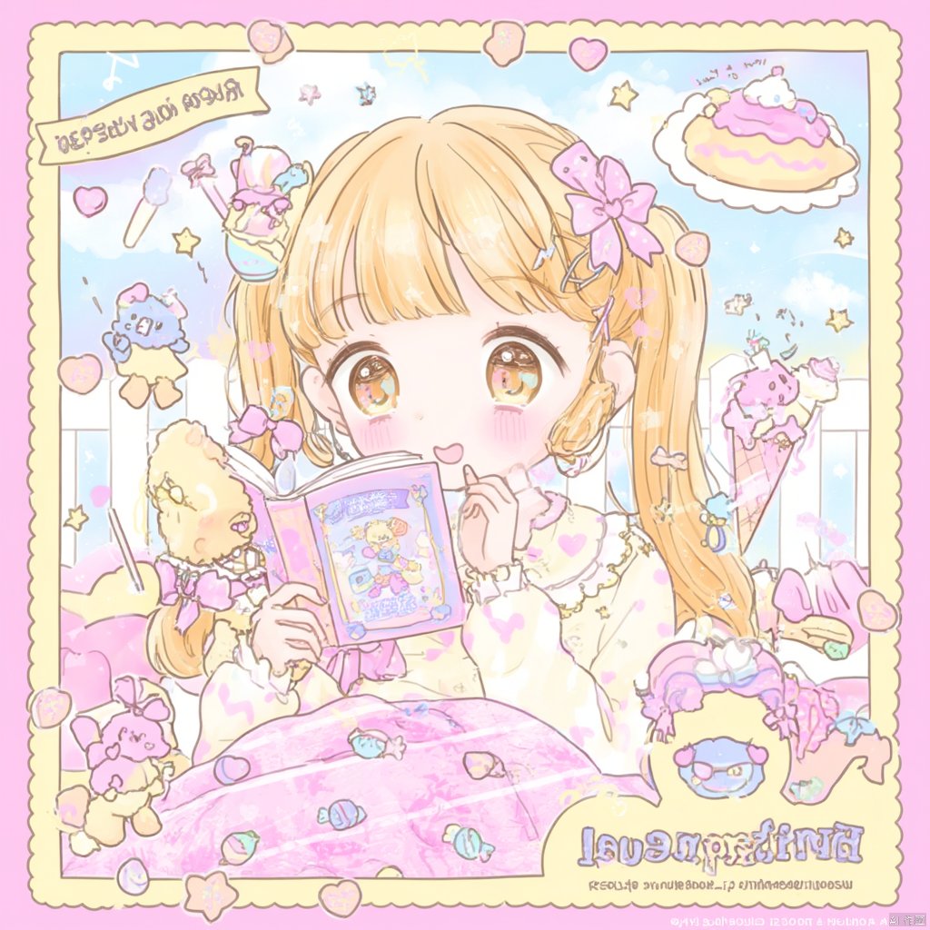 Anime-inspired illustration a young girl with long blonde hair and pink bows in her hair holding a colorful book surrounded by pastries and ice cream cones stars and clouds wearing a yellow and white dress sitting on a bed with a pink blanket smiling and looking at the camera soft pastel colors playful and whimsical mood., 1girl, book, food, solo, twintails, hair ornament, open book, holding, heart, smile, open mouth, star \(symbol\), earrings, pastel colors, jewelry, ice cream, cake, ice cream cone, long hair, english text, blush, pillow, long sleeves, blunt bangs, candy, bow, :d, x hair ornament, cake slice, blonde hair, happy birthday, frills, hairclip, border, upper body