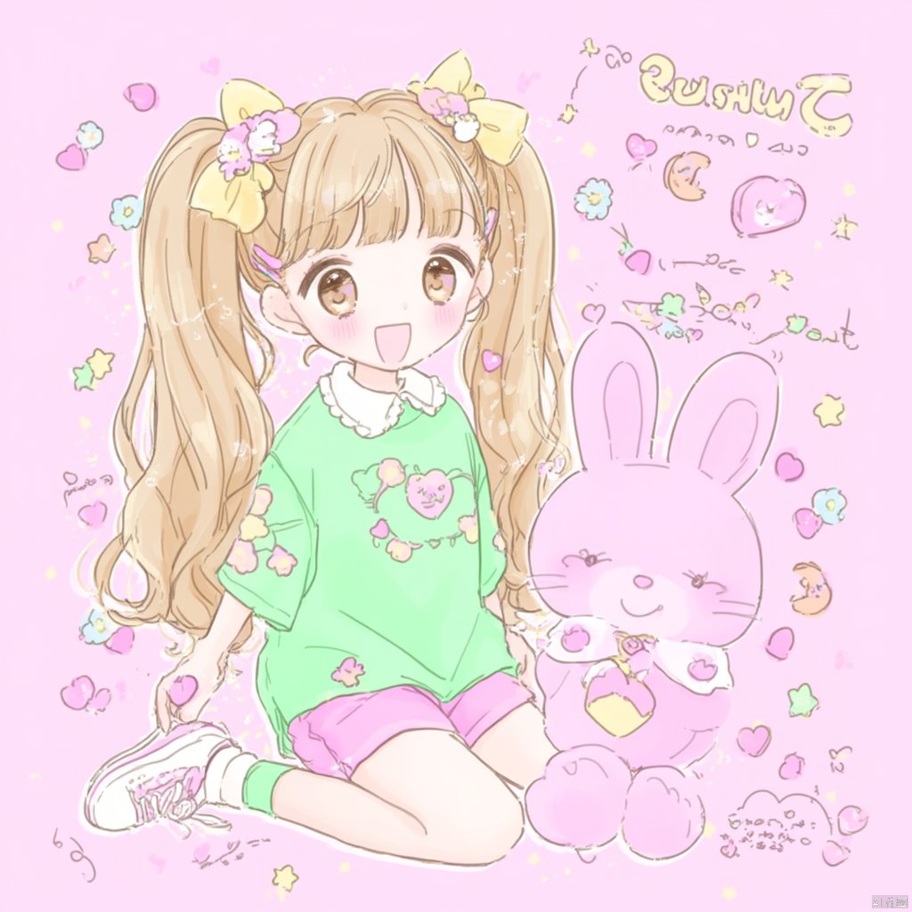 Anime-inspired illustration girl with long blonde hair and bow in pigtails wearing a green dress with a white collar holding a pink heart-shaped toy standing beside a pink bunny character with a smiley face surrounded by pink background with scattered hearts and flowers giving a playful and whimsical touch., green shirt, shirt, twintails, bow, heart, smile, yellow bow, open mouth, hair bow, long hair, blush, shoes, hair ornament, sitting, pink shorts, shorts, brown eyes, short sleeves, ahoge, pink background, sneakers, brown hair, hairclip, socks, wariza, poking