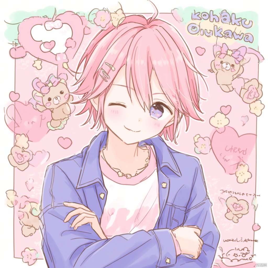 Anime illustration kohaku oukawa a young girl with pink hair and a blue jacket sitting with her eyes closed surrounded by scattered hearts and flowers wearing a white t-shirt with a pink bow soft pink background text above her head that reads "Kohaku Oukawa" and "Baby" in the corner., 1boy, male focus, solo, one eye closed, pink hair, short hair, purple eyes, smile, jacket, stuffed toy, stuffed animal, heart, looking at viewer, long sleeves, teddy bear, shirt, jewelry, necklace, hairclip, purple jacket, crossed arms, closed mouth, hair ornament, star \(symbol\), upper body, blush, character name, bow