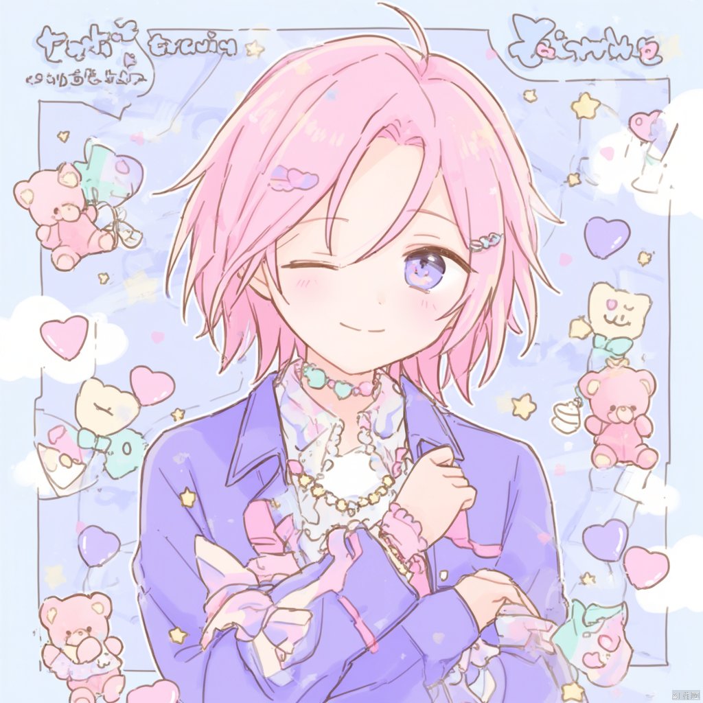 Anime illustration anime girl with pink hair and blue eyes wearing a light blue jacket with pink accents standing with her eyes closed eyes closed and eyes closed with a peaceful expression surrounded by scattered hearts and teddy bears soft pastel colors text above the character's head gentle and serene mood., 1boy, solo, male focus, one eye closed, pink hair, purple eyes, short hair, heart, smile, jacket, stuffed toy, stuffed animal, looking at viewer, long sleeves, shirt, jewelry, teddy bear, hairclip, necklace, closed mouth, purple jacket, crossed arms, hair ornament, star \(symbol\), character name, upper body, blush, bow