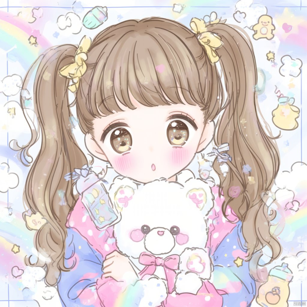 Anime drawing a young girl with brown hair and yellow bows in her hair wearing a pink and blue outfit with a white collar holding a white teddy bear with a pink bow surrounded by fluffy clouds and rainbows soft pastel colors cheerful and whimsical atmosphere., rainbow, 1girl, solo, twintails, baby bottle, star \(symbol\), brown hair, brown eyes, blush, stuffed toy, v, :o, stuffed animal, open mouth, hair ornament, pastel colors, looking at viewer, long sleeves, holding, child, long hair