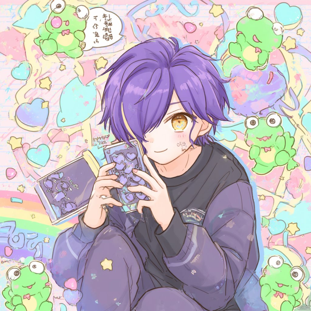 Anime illustration anime character with purple hair and black shirt holding a smartphone surrounded by colorful background with hearts and stars green frogs and a rainbow text bubble above the character's head relaxed pose casual and playful mood vibrant colors detailed drawing., 1boy, male focus, purple hair, multicolored hair, hair over one eye, yellow eyes, phone, solo, blonde hair, shirt, heart, black shirt, short hair, pants, holding, holding phone, jacket, cellphone, looking at viewer, long sleeves, blush