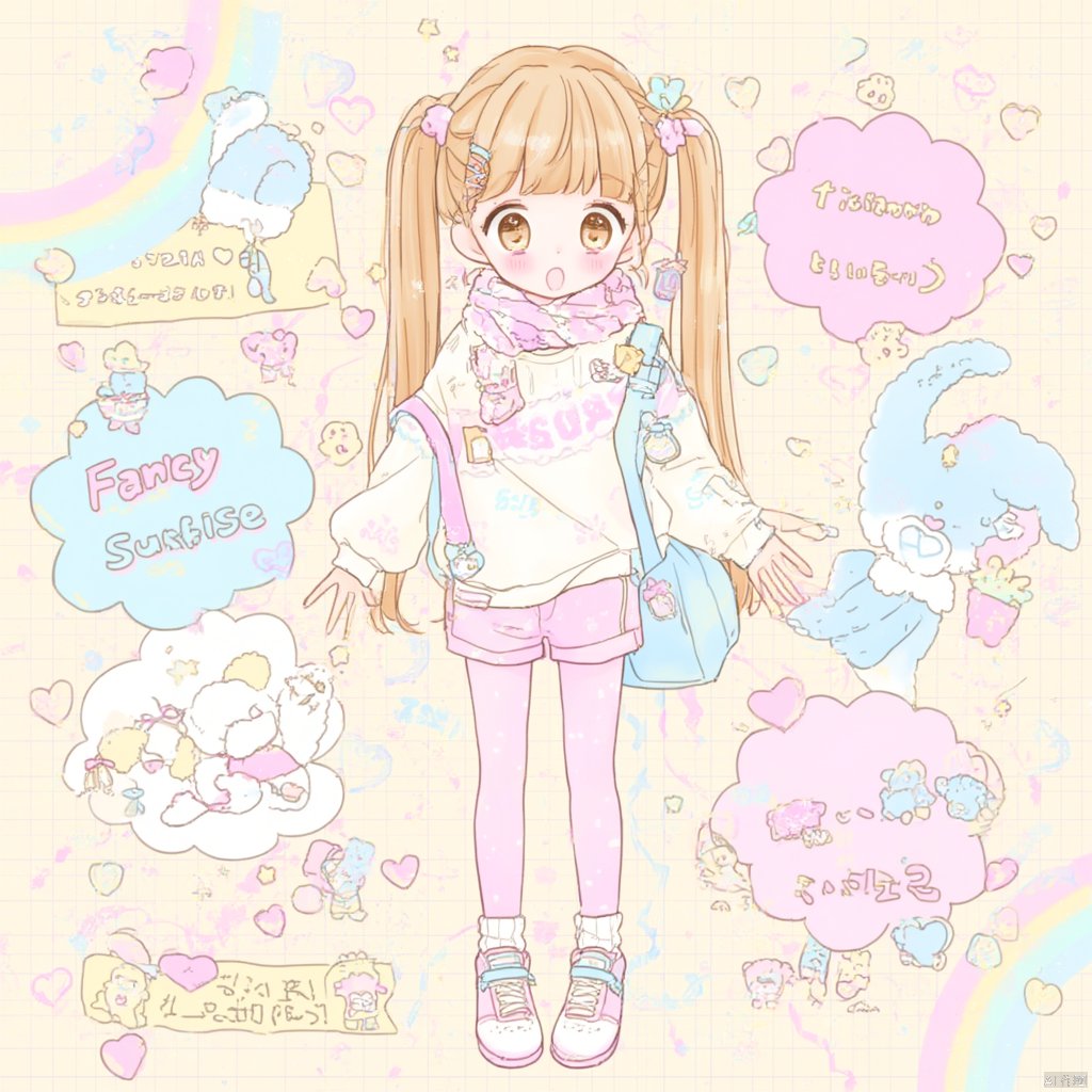 Anime-inspired illustration a young girl with long blonde hair and pink polka-dot pants wearing a white sweater with "Fancy SURFISE" written on it holding a blue bag standing on a checkered background with a rainbow and hearts surrounded by speech bubbles with Japanese text soft pastel colors playful and cheerful mood., 1girl, solo, rainbow, long hair, heart, hair ornament, pastel colors, twintails, full body, shoes, open mouth, scarf, long sleeves, pantyhose, looking at viewer, brown hair, hairclip, brown eyes, shorts, sleeves past wrists, standing, white footwear, blush, socks, english text, shirt, bag, ahoge, sneakers, dated, signature, white shirt, loose socks