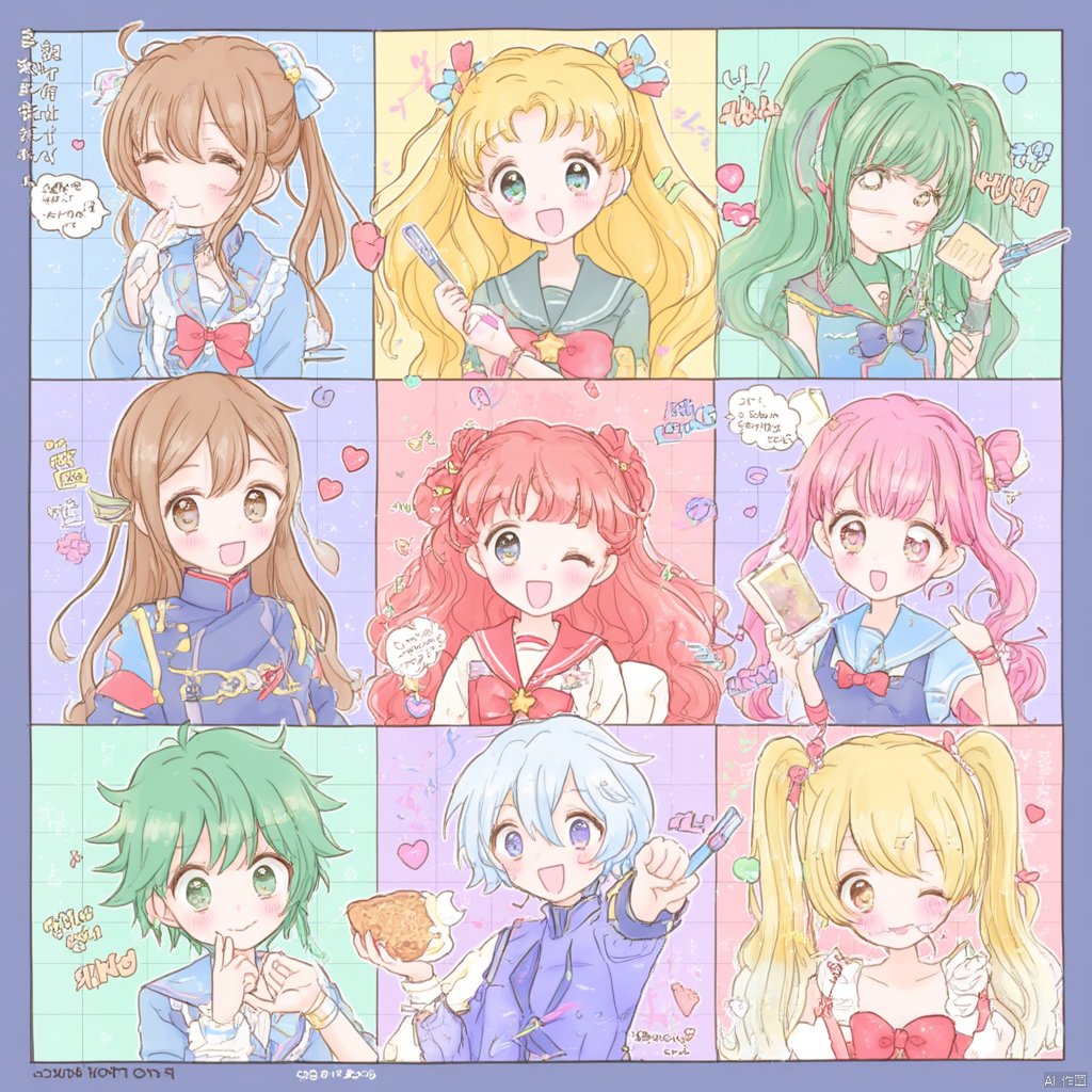 Anime-inspired illustration nine panels nine characters in a row each with a different hairstyle and outfit three of them have long blonde hair one with pink hair and a blue outfit one has green hair another with pink and blue hair and one with green hair and pink outfit all of them smiling and giving a playful expression., multiple girls, twintails, school uniform, brown hair, 6+girls, blonde hair, smile, multiple drawing challenge, one eye closed, ahoge, heart, green eyes, hair bun, open mouth, multiple boys, bow, blue eyes, long hair, serafuku, food, double bun, green hair, short hair, pink hair, brown eyes, sailor collar, tsukino usagi, blue sailor collar, crossover, jewelry, hair bow, blush, v