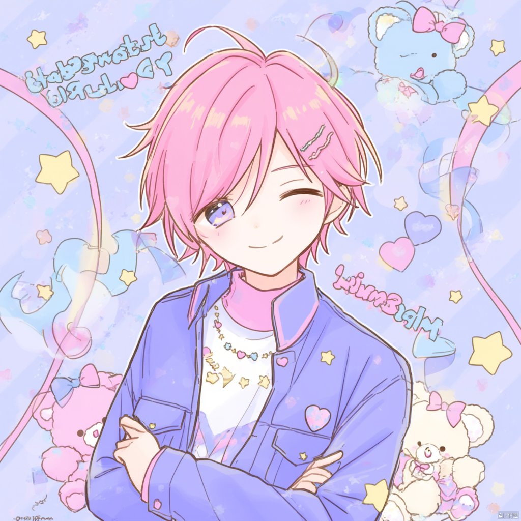 Anime illustration anime girl with pink hair and blue eyes wearing a light blue jacket with pink accents standing with her eyes closed eyes closed and eyes closed with a peaceful expression surrounded by scattered hearts and teddy bears soft pastel colors text above the character's head gentle and serene mood., 1boy, solo, male focus, one eye closed, pink hair, purple eyes, short hair, heart, smile, jacket, stuffed toy, stuffed animal, looking at viewer, long sleeves, shirt, jewelry, teddy bear, hairclip, necklace, closed mouth, purple jacket, crossed arms, hair ornament, star \(symbol\), character name, upper body, blush, bow