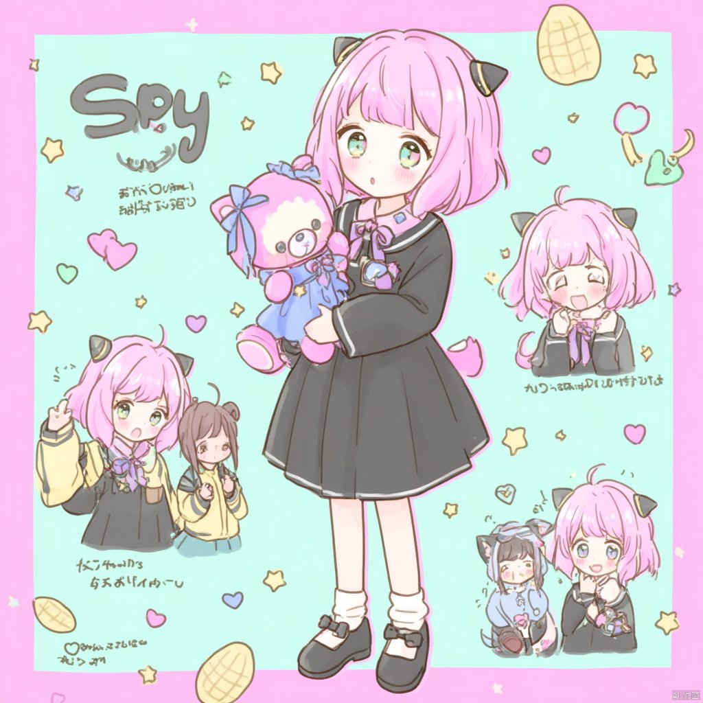 Anime artwork a girl with pink hair and cat ears holding a pink teddy bear wearing a black dress and holding a blue ribbon surrounded by heart-shaped confetti and peanuts with the words "Spy Family" above her head three other illustrations of the same girl one in a yellow jacket one with a blue bow all set against a light green background., 1girl, anya \(spy x family\), black dress, heart, dress, pink hair, child, stuffed toy, ahoge, socks, multiple views, blush, black footwear, shoes, green eyes, :o, simple background, stuffed animal, long sleeves, open mouth, smile, hairpods, holding, white socks, aqua background, looking at viewer, bobby socks, star \(symbol\), sparkle, bow, holding stuffed toy, standing, ribbon, mary janes, green background, full body, expressions, cropped torso, medium hair, closed mouth, blue background, v-shaped eyebrows, sparkling eyes, parted lips, twitter username