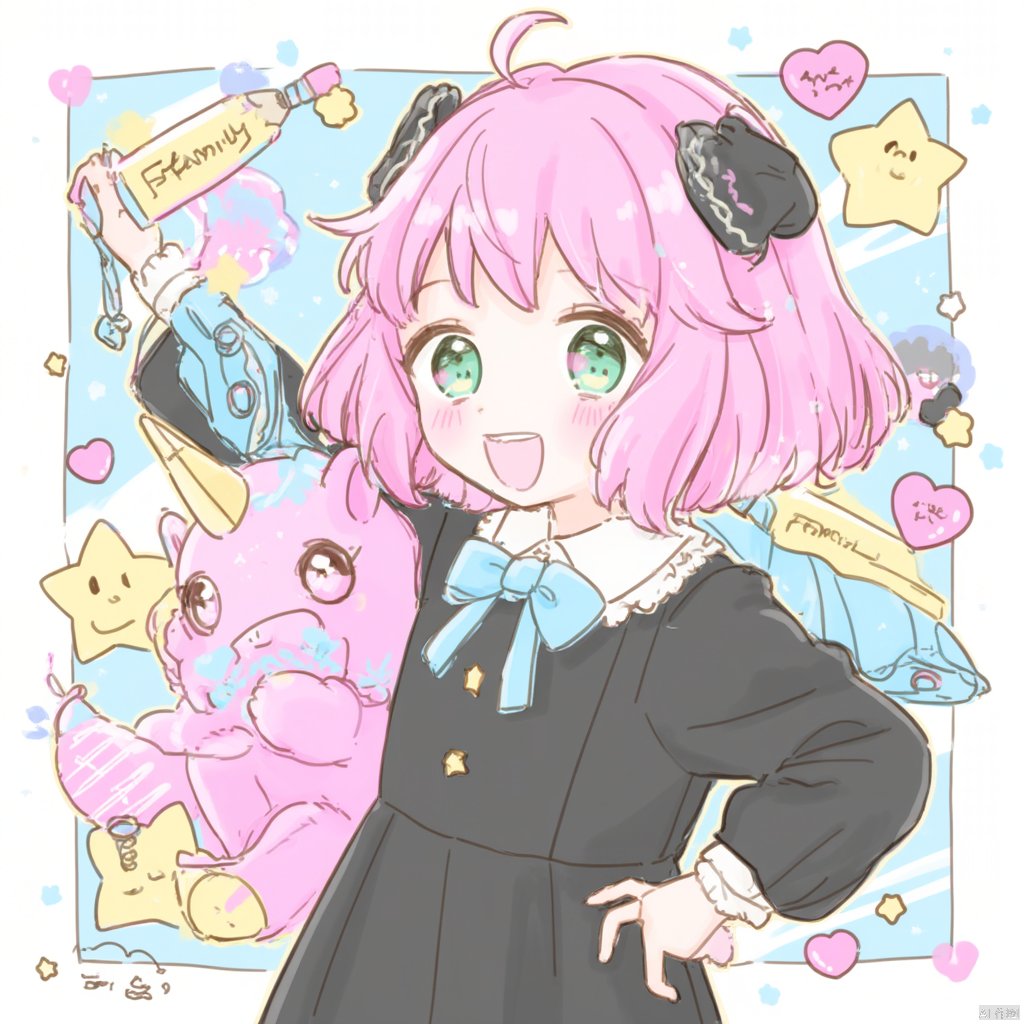 Anime-inspired illustration a young girl with pink hair and bangs wearing a black and white school uniform with a blue bow holding a pink unicorn-shaped toy surrounded by colorful background with various symbols including a pencil with the word "family" and "family" and a rainbow scattered hearts and stars playful and whimsical., 1girl, anya \(spy x family\), pink hair, child, stuffed toy, dress, solo, black dress, open mouth, heart, ahoge, stuffed animal, smile, blush, long sleeves, shirt, white shirt, bow, star \(symbol\), green eyes, hairpods, looking at viewer, hand on own hip, holding, blue bow, collared shirt, ribbon, :d, arm up, upper teeth only, teeth, bowtie