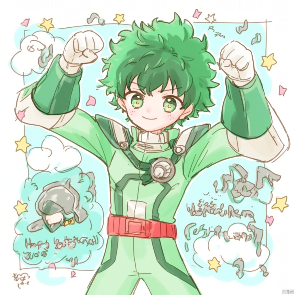 Anime drawing character with green hair and green eyes wearing a green and white outfit with a red belt standing with arms raised in a fist surrounded by colorful stars and clouds with the text "1996Hrobotsai" in the background drawn in a cartoonish style., midoriya izuku, 1boy, male focus, green hair, solo, green eyes, freckles, gloves, smile, happy birthday, dated, white gloves, green bodysuit, star \(symbol\), looking at viewer, bodysuit, red belt, short hair, mask, clenched hands, belt