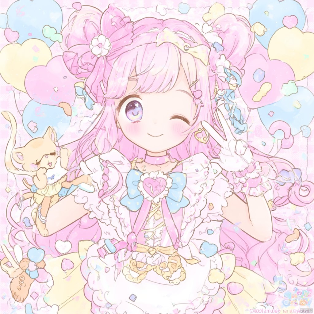 Anime-inspired illustration a young girl with long pink hair and a pink bow with a flower in her hair wearing a pink and yellow dress with a blue apron holding a cupcake and a cat surrounded by confetti and balloons smiling and giving a peace sign soft pastel colors whimsical and cheerful mood., 1girl, one eye closed, hair bun, gloves, pink hair, cone hair bun, long hair, magical girl, white gloves, bow, purple eyes, pink choker, heart, tongue out, jewelry, solo, two side up, apron, choker, tongue, hair bow, dress, earrings, smile, double bun, huge bow, heart brooch, looking at viewer, hairband, brooch