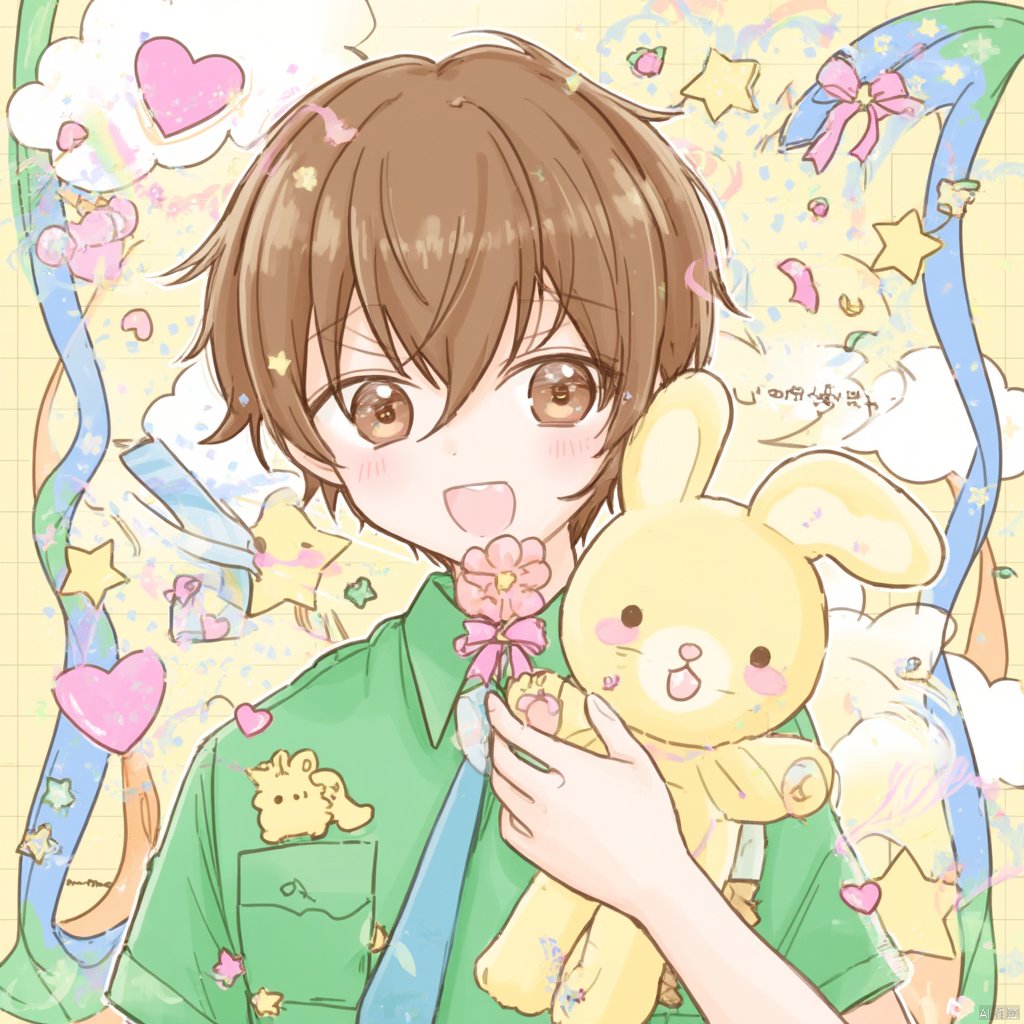 Anime-style illustration young girl with brown hair and brown eyes wearing a green shirt with stars on it holding a yellow bunny doll with a pink flower in her hand surrounded by colorful ribbons stars rainbows clouds and hearts smiling expression soft and cheerful mood., rainbow, 1boy, male focus, brown hair, brown eyes, heart, star \(symbol\), necktie, shirt, stuffed toy, solo, flower, holding, looking at viewer, open mouth, stuffed animal, blush, collared shirt