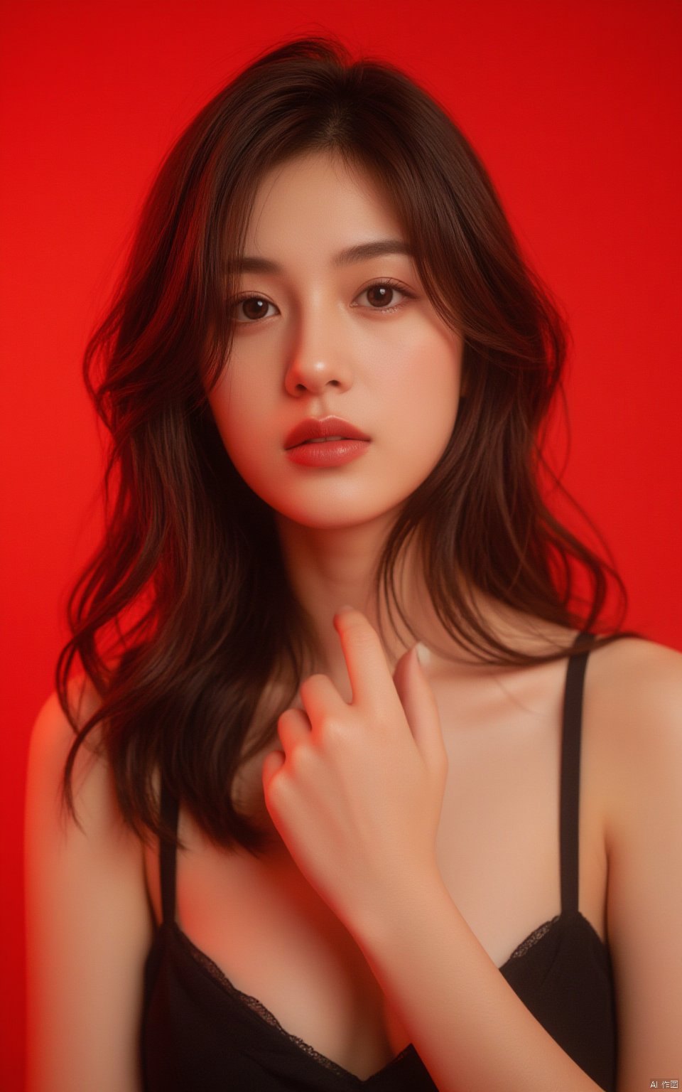 a close-up shot of a young Asian woman with dark brown eyes and long, wavy brown hair stands in front of a red backdrop. She is wearing a black bra, her hair cascades over her shoulders, adding a touch of movement to her face. Her lips, a vibrant shade of pink, are accentuated by her lips. Her left hand, her right hand resting on her chest, adding depth to the composition. The backdrop is a vibrant red, creating a striking contrast to the woman's face.