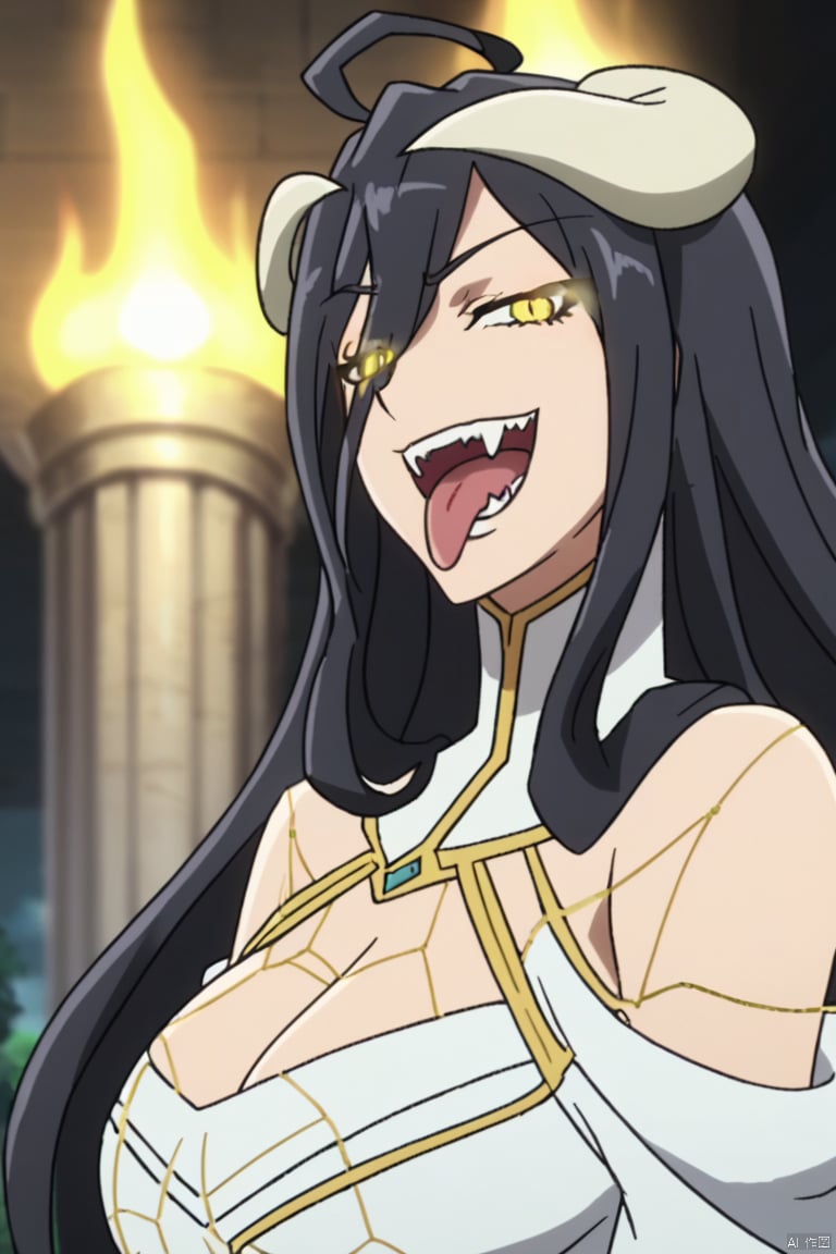 score_9, score_8_up, score_7_up, 
anime_source, source_anime, best background, anime screencap, 
1girl, albedo (overlord), solo, horns, long hair, yellow eyes, black hair, open mouth, breasts, demon girl, dress, fangs, large breasts, demon horns, white dress, parody, glowing eyes, bare shoulders, cleavage, tongue, looking at viewer, teeth, glowing, slit pupils