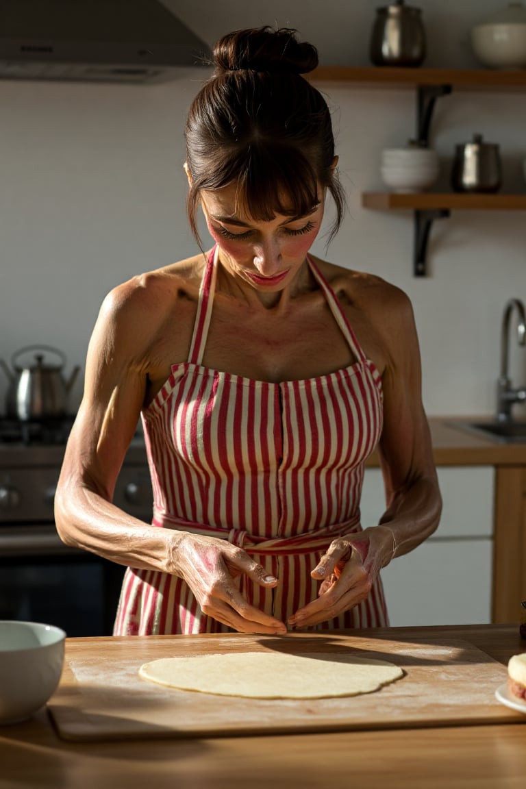 A plastinate as a housewife baking in the kitchen. lighting is cool and diffuse.