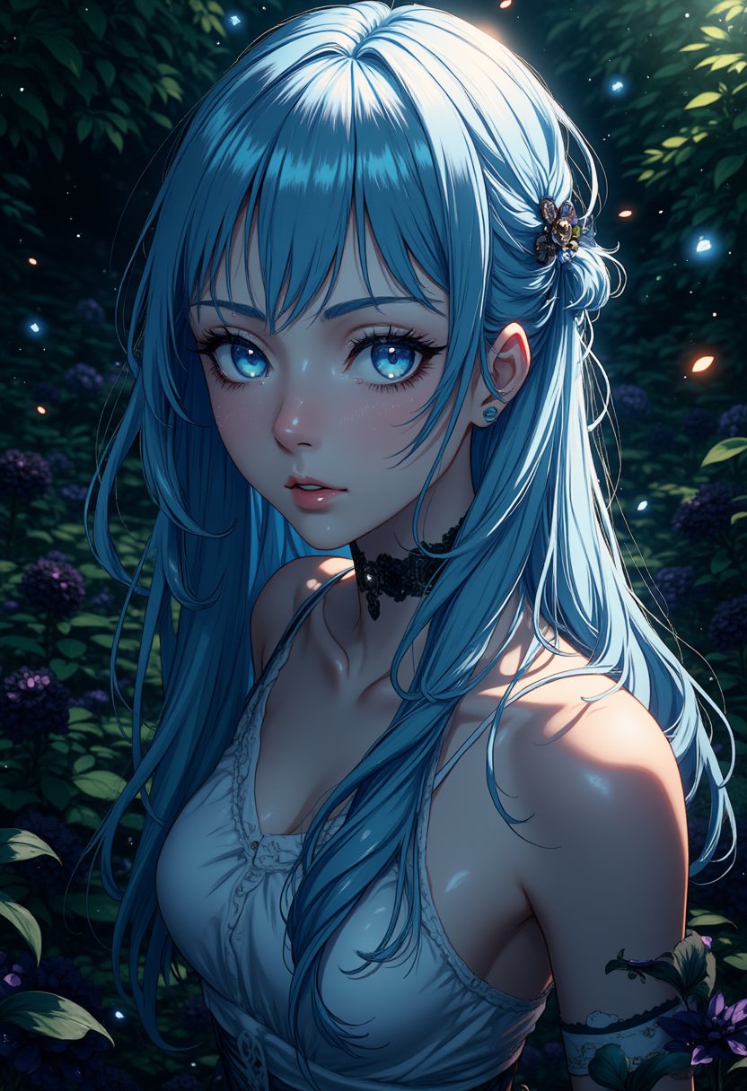 Beautiful girl, long hairstyle, blue hair, blue eyes, masterpiece quality, light particles, garden background, looking at viewer, upper body, Anime Style., highly detailed The background is dark green, filled with black rose petals, shushing motion,