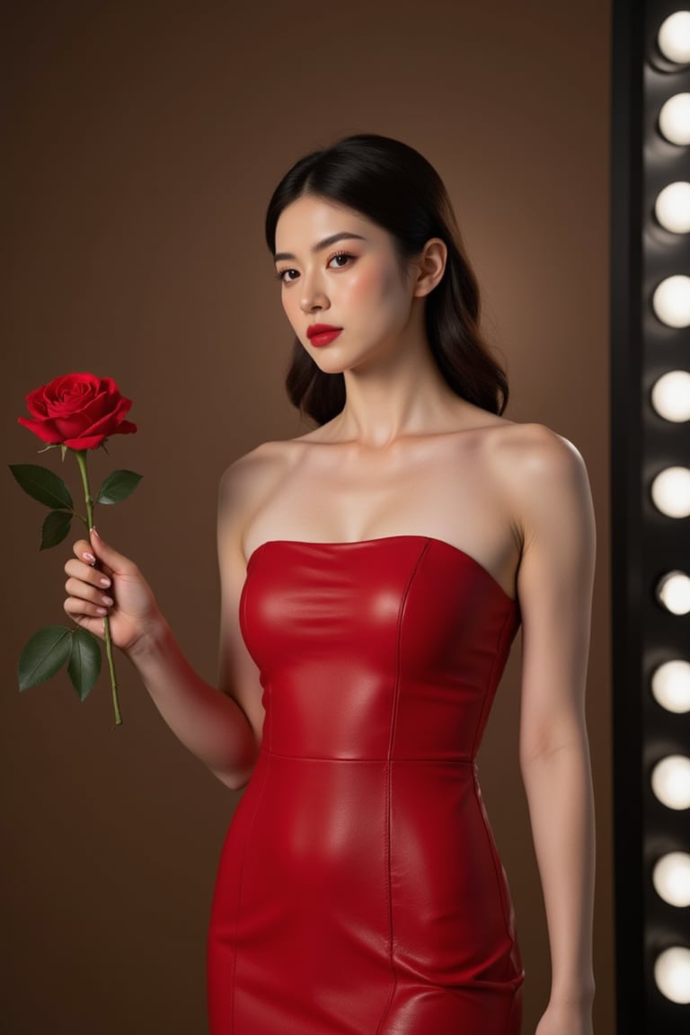 A medium-sized German woman, dressed in a red leather strapless dress, holds a vibrant red rose in her left hand, her bold red lip adding a pop of color against the monochromatic backdrop of white lights on earthy tones. The camera captures her figure from the waist up, framing her elegant pose and the striking visual effect of the contrasting lighting, creating depth and drama.