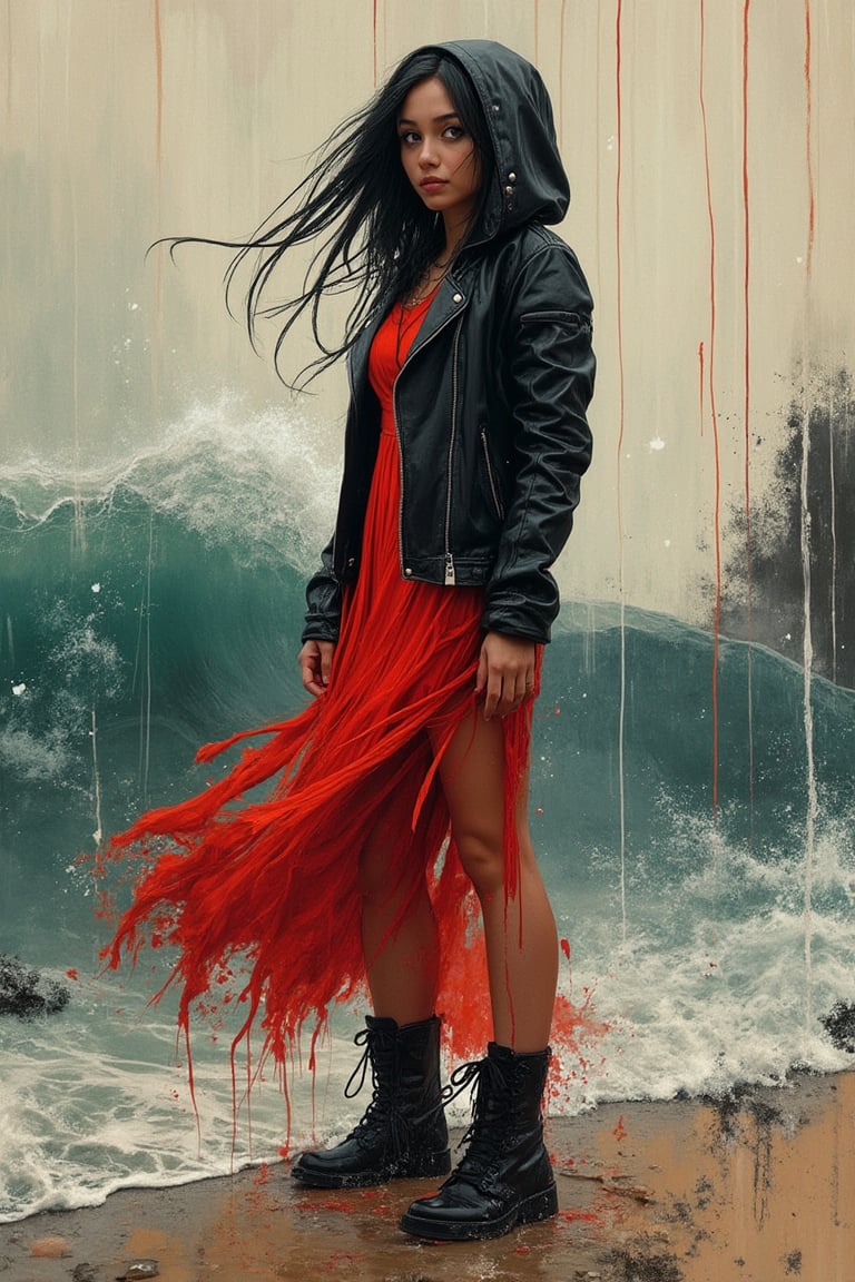 A captivating, fantasy portrait of a confident woman standing tall in the rain, exuding an enigmatic aura. She dons a black leather jacket, a red dress, and high black boots, with dark eyes and flowing loose black hair cascading down the left side of the canvas ink splash art piece featuring a strong female figure clad in a fiery red dress and a black hooded leather jacket. The contours of her face and body are boldly defined by expressive, sharply etched strokes, creating a striking contrast to her vibrant attire. The background is a whirlwind of turbulent energy, with a stormy sky and sea displaying stark lines and vivid hues. Waves crash dramatically against the shore, and the woman stands unwavering, embodying resilience, determination, and inner strength amidst the chaotic environment, ukiyo-e, dark fantasy, cinematic, poster, painting, photo, architecture, product, wildlife photography, typography, 3d render, illustration, vibrant, anime, conceptual art, graffiti, fashion, portrait photography.