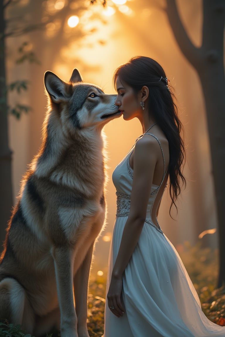 A masterpiece of ultra-detailed illustration: a majestic wild wolf, its piercing eyes fixed on a stunning woman in a flowing white dress, exudes confidence as she stands tall, her body language commanding dominance over the wolf. The forest backdrop glows with warm golden hues from the sunset, as the curvy woman's alluring presence draws the wolf in. Her perfect anatomy and super detailed skin radiate an air of power, challenging the traditional predator-prey dynamic.