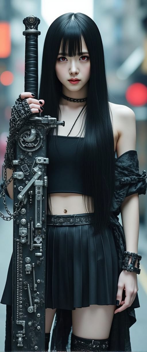 

A masterpiece photograph shot on Canon EOS R6, showcasing a stunning young woman with long, black hair and striking red eyes. She stands in a dystopic urban setting, dressed in a pleated skirt adorned with jewelry and a thigh strap. Her bangs are blunt, framing her pale skin and black nails. In one hand, she holds a large, mechanical sword covered in intricate parts, gears, and rivets, contrasting with her delicate features. The other hand is wrapped in chains, adding to the sinister aura. Her gaze meets the viewer's, exuding confidence and mystery. The overall atmosphere is whimsical and youthful, reflecting the unique Xianji subculture. Ultra-realistic details include 64k HDR, highly detailed skin, and ultra-sharp features. Capture this captivating scene with a photorealistic image that tells a story of contrasts.