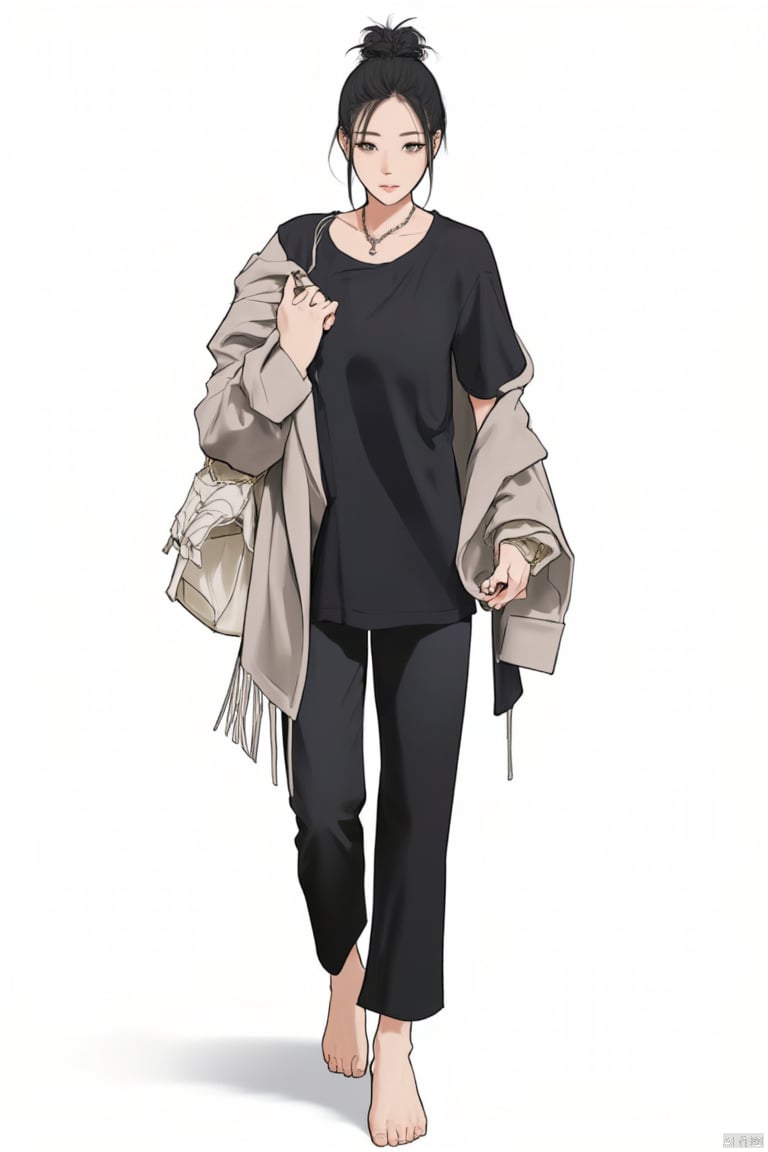 1girl
solo
looking at viewer
simple background
shirt
black hair
long sleeves
white background
holding
jewelry
standing
collarbone
full body
shoes
barefoot
pants
necklace
bag
hair bun
black shirt
black pants
shoes removed
