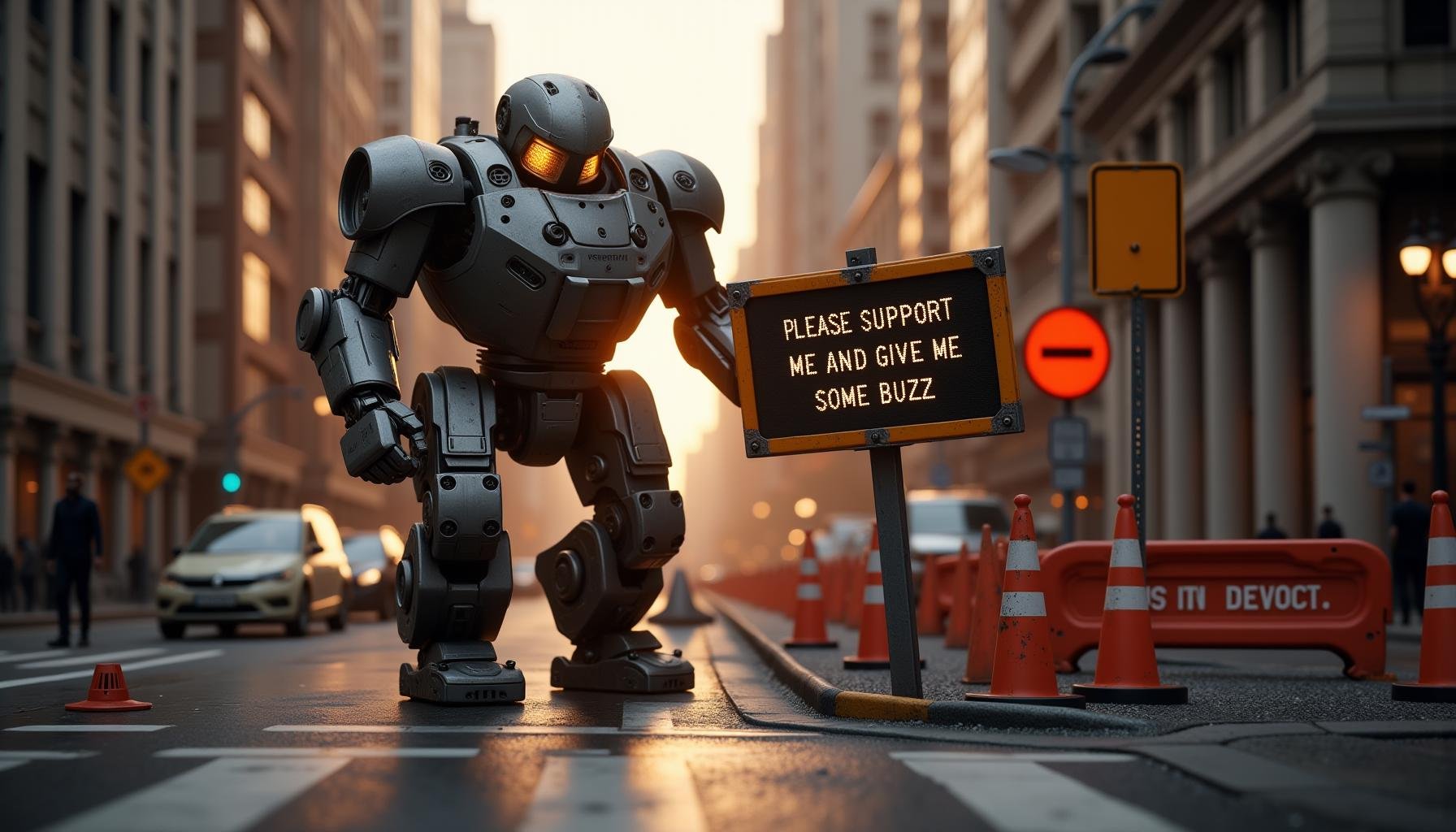 cinematic film still professional 3d model  <lora:Laura_Flux_cybernatic_design:0.8>"Create a hyper-realistic 4K/8K scene set on a busy city street at dawn, featuring a large robot actively working on the pavement. The robot, equipped with construction tools, is holding a massive sign in one hand like a street worker with a caution board. The sign displays a dynamic message, ‘Please support me and give me some buzz,’ in bold, scrolling text. The robot stands next to a sectioned-off construction area, with orange cones, barriers, and a detour sign, seamlessly blending into the scene as if it's part of the crew.The robot is focused on its task, while the sign is slightly angled toward passersby and vehicles, making the message visible and readable. The robot’s design features robust, industrial elements, and its metallic surface reflects the warm, early morning light. Pedestrians and vehicles move around the scene, adding life and context, while the dynamic, scrolling text on the sign captures attention. The overall scene should feel natural yet striking, with the robot’s presence and the message it carries standing out amid the bustling city environment." . octane render, highly detailed, volumetric, dramatic lighting . shallow depth of field, vignette, highly detailed, high budget, bokeh, cinemascope, moody, epic, gorgeous, film grain, grainy