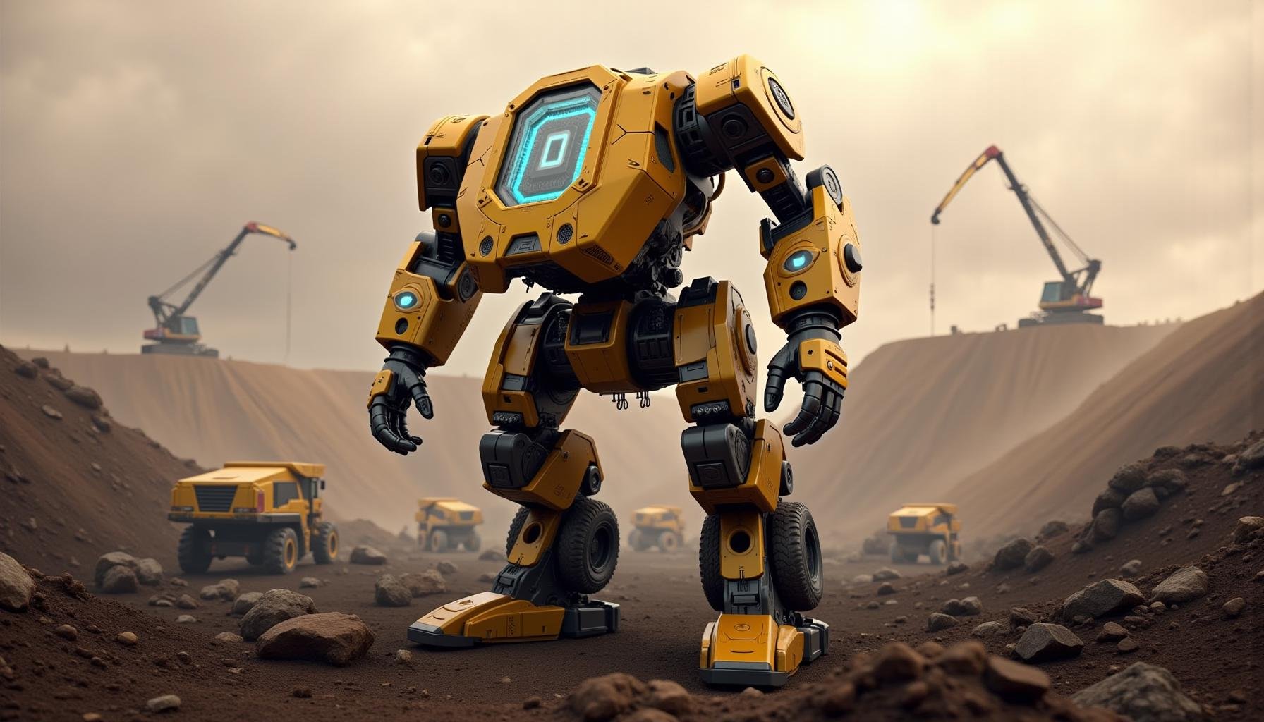 cinematic film still professional 3d model  <lora:Laura_Flux_cybernatic_design:0.8><lora:The_Rusting_Metropolis__Laura_Flux_r1:0.8> "Create a futuristic, cyber-robot inspired by the industrial strength of the BelAZ 75710, set in a vast, rugged mining landscape: each part—head unit, torso, arms, legs, back unit, and wheel modules—is designed for heavy-duty functionality and durability. The head unit resembles a compact, angular control module with reinforced sensors and cameras, while the torso is a robust power core structure with visible hydraulic supports and a glowing energy core. The arms are massive lifting mechanisms with segmented joints and claw-like hands for handling extreme weights, and the legs have thick, reinforced joints and shock absorbers for stability, inspired by the truck’s suspension system. The back unit features a large, articulated load container for carrying materials, and wheel modules attached to the legs mimic the BelAZ’s massive wheels, capable of folding for enhanced mobility. The design uses heavy-duty metals with visible weld seams, industrial-grade hydraulics, and a color scheme of yellow, black, and metallic grays, with glowing blue energy conduits. The scene is set in a sprawling, industrial mining facility, with colossal excavation machinery, rocky terrain, and dust-filled air; the robot stands amidst the landscape, towering over scattered mining equipment and transport vehicles. Massive cranes and conveyor belts move in the background, while a huge, partially mined ore deposit looms in the distance under a cloudy, orange-tinged sky, all presented in an exploded view with detailed annotations and an industrial-themed background to showcase each part’s functionality and how they assemble into the complete, powerful robot, seamlessly integrated into this high-tech mining environment." . octane render, highly detailed, volumetric, dramatic lighting . shallow depth of field, vignette, highly detailed, high budget, bokeh, cinemascope, moody, epic, gorgeous, film grain, grainy