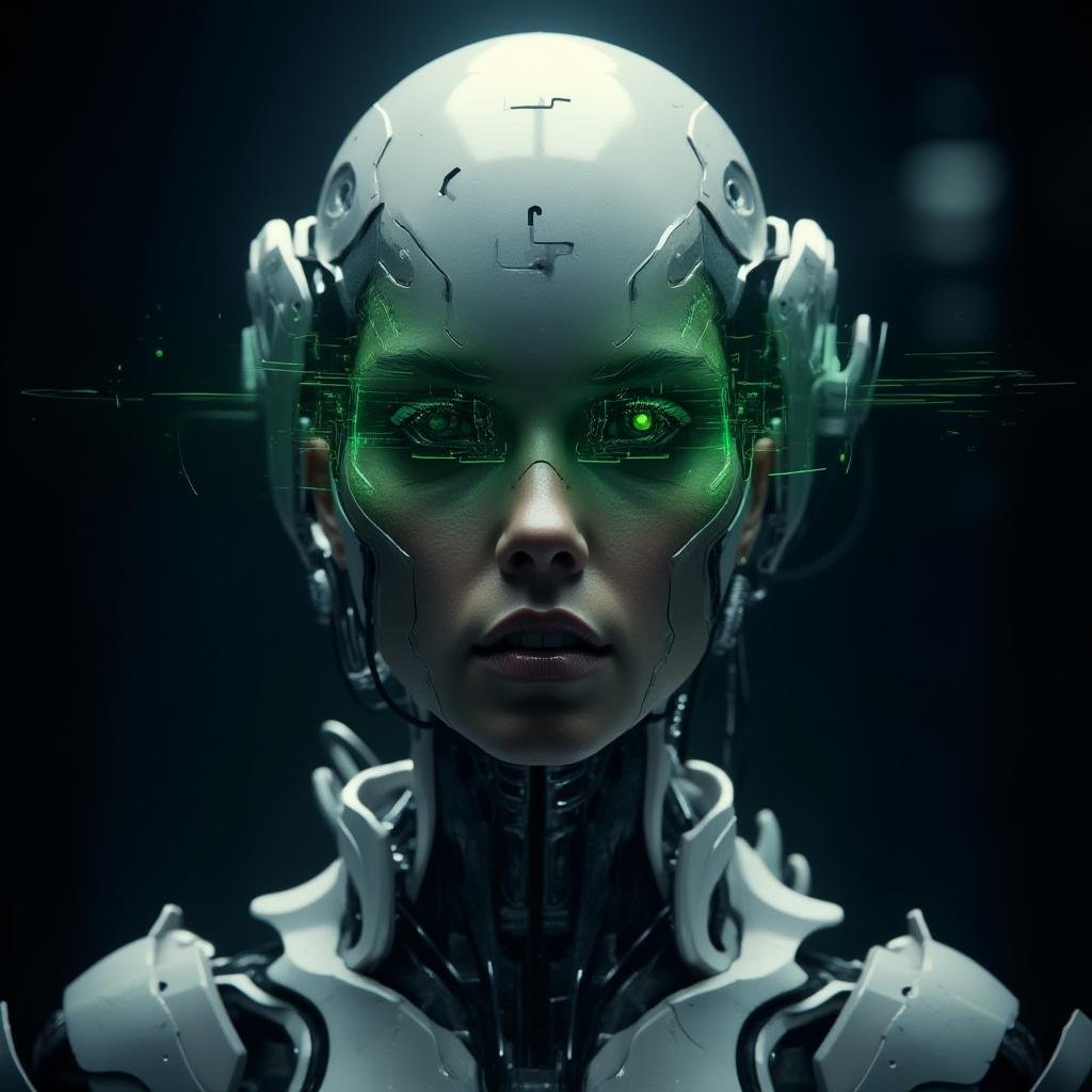 <lora:lora-000007.TA_trained:1>"Create a highly detailed, front-facing portrait of a cybernetic human. The character should have a sleek, metallic skull with visible mechanical components integrated seamlessly into their face and head. Their eyes are covered by a futuristic, transparent green visor projecting holographic data. The facial expression should be neutral and focused, showing both human features and robotic elements. Include visible circuitry and intricate details on the neck and shoulders, blending organic and mechanical parts. The background should be dark and futuristic, with soft ambient lighting highlighting the reflective surfaces of the metallic components. The overall atmosphere should be high-tech and mysterious, with the character looking directly into the camera as if analyzing the viewer."